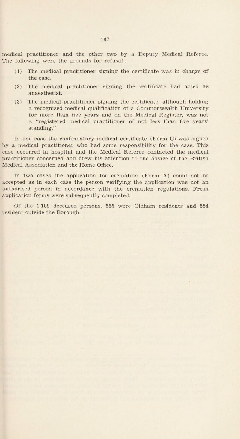 medical practitioner and the other two by a Deputy Medical Referee. The following were the grounds for refusal: — (1) The medical practitioner signing the certificate was in charge of the case. (2) The medical practitioner signing the certificate had acted as anaesthetist. (3) The medical practitioner signing the certificate, although holding a recognised medical qualification of a Commonwealth University for more than five years and on the Medical Register, was not a “registered medical practitioner of not less than five years’ standing.” In one case the confirmatory medical certificate (Form C) was signed by a medical practitioner who had some responsibility for the case. This case occurred in hospital and the Medical Referee contacted the medical practitioner concerned and drew his attention to the advice of the British Medical Association and the Home Office. In two cases the application for cremation (Form A) could not be accepted as in each case the person verifying the application was not an authorised person in accordance with the cremation regulations. Fresh application forms were subsequently completed. Of the 1,109 deceased persons, 555 were Oldham residents and 554 resident outside the Borough. l