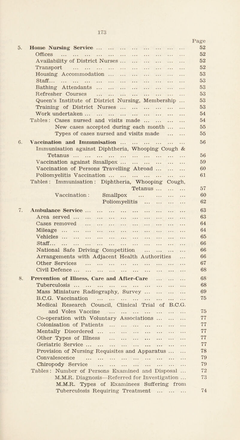 5. 6. 7. 8. Home Nursing Service. Offices ... ... ».. «• . «*• . . . * • • .«. * • * ... i •» Availability of District Nurses. Transport . Housing Accommodation. S taff ... ... > > * ».« «»• »«. ... .». ... .«. ».. Bathing Attendants . Refresher Courses . Queen’s Institute of District Nursing, Membership ... Training of District Nurses. Work undertaken. Tables: Cases nursed and visits made. New cases accepted during each month. Types of cases nursed and visits made . Vaccination and Immunisation. Immunisation against Diphtheria, Whooping Cough & f’etanus ... ... ... ... ... ... ... ... ... ... Vaccination against Smallpox. Vaccination of Persons Travelling Abroad. Poliomyelitis Vaccination. Tables: Immunisation: Diphtheria, Whooping Cough, Tetanus . Vaccination: Smallpox ... . Poliomyelitis . Ambulance Service. Area served. Cases removed . Mileage ... ... ... ... ... ... ... ... ... ... ... ehicles ... ... ... ... ... ... ... ... ... ... ... 81 air.«. ... ... ... ... ... ... ... ... ... ... ... National Safe Driving Competition . Arrangements with Adjacent Health Authorities Other Services . Civil Defence. Prevention of Illness, Care and After-Care . Tuberculosis. Mass Miniature Radiography, Survey. B.C.G. Vaccination . Medical Research Council, Clinical Trial of B.C.G. and Voles Vaccine . Co-operation with Voluntary Associations. Colonisation of Patients . Mentally Disordered. Other Types of Illness . Geriatric Service. .. Provision of Nursing Requisites and Apparatus. Convalescence . Chiropody Service . Tables: Number of Persons Examined and Disposal ... M.M.R. Diagnosis—Referred for Investigation ... M.M.R. Types of Examinees Suffering from Tuberculosis Requiring Treatment . Page 52 52 52 52 53 53 53 53 53 53 54 54 55 55 56 56 59 60 61 57 60 62 63 63 64 64 65 66 66 66 67 68 68 68 69 75 75 77 77 77 77 77 78 79 79 72 73 74
