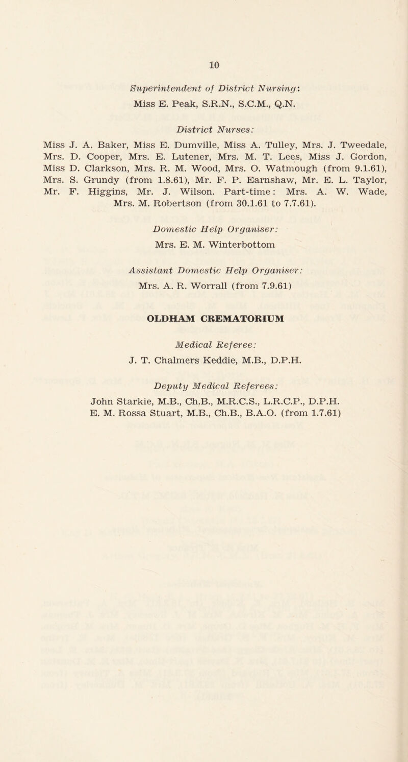 Superintendent of District Nursing: Miss E. Peak, S.R.N., S.C.M., Q.N. District Nurses: Miss J. A. Baker, Miss E. Dumville, Miss A. Tulley, Mrs. J. Tweedale, Mrs. D. Cooper, Mrs. E. Lutener, Mrs. M. T. Lees, Miss J. Gordon, Miss D. Clarkson, Mrs. R. M. Wood, Mrs. O. Watmough (from 9.1.61), Mrs. S. Grundy (from 1.8.61), Mr. F. P. Earnshaw, Mr. E. L. Taylor, Mr. F. Higgins, Mr. J. Wilson. Part-time: Mrs. A. W. Wade, Mrs. M. Robertson (from 30.1.61 to 7.7.61). Domestic Help Organiser: Mrs. E. M. Winterbottom Assista?it Domestic Help Organiser: Mrs. A. R. Worrall (from 7.9.61) OLDHAM CREMATORIUM Medical Referee: J. T. Chalmers Keddie, M.B., D.P.H. Deputy Medical Referees: John Starkie, M.B., Ch.B., M.R.C.S., L.R.C.P., D.P.H. E. M. Rossa Stuart, M.B., Ch.B., B.A.O. (from 1.7.61)