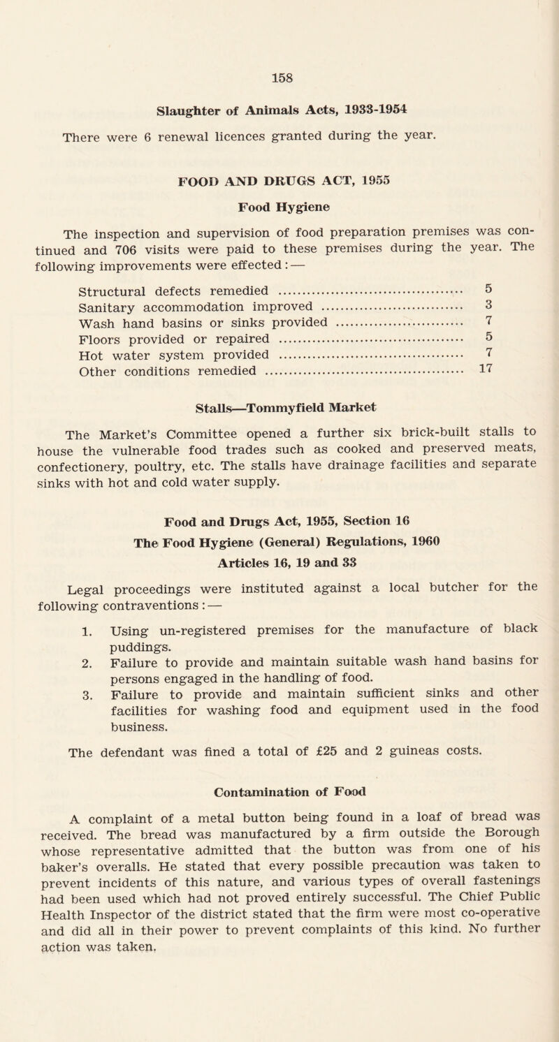 Slaughter of Animals Acts, 1933-1954 There were 6 renewal licences granted during the year. FOOD AND DRUGS ACT, 1955 Food Hygiene The inspection and supervision of food preparation premises was con¬ tinued and 706 visits were paid to these premises during the year. The following improvements were effected : — Structural defects remedied . 5 Sanitary accommodation improved . 3 Wash hand basins or sinks provided . 7 Floors provided or repaired . 5 Hot water system provided . 7 Other conditions remedied . 17 Stalls—Tommyfield Market The Market’s Committee opened a further six brick-built stalls to house the vulnerable food trades such as cooked and preserved meats, confectionery, poultry, etc. The stalls have drainage facilities and separate sinks with hot and cold water supply. Food and Drugs Act, 1955, Section 16 The Food Hygiene (General) Regulations, 1960 Articles 16, 19 and 33 Legal proceedings were instituted against a local butcher for the following contraventions: — 1. Using un-registered premises for the manufacture of black puddings. 2. Failure to provide and maintain suitable wash hand basins for persons engaged in the handling of food. 3. Failure to provide and maintain sufficient sinks and other facilities for washing food and equipment used in the food business. The defendant was fined a total of £25 and 2 guineas costs. Contamination of Food A complaint of a metal button being found in a loaf of bread was received. The bread was manufactured by a firm outside the Borough whose representative admitted that the button was from one of his baker’s overalls. He stated that every possible precaution was taken to prevent incidents of this nature, and various types of overall fastenings had been used which had not proved entirely successful. The Chief Public Health Inspector of the district stated that the firm were most co-operative and did all in their power to prevent complaints of this kind. No further action was taken.