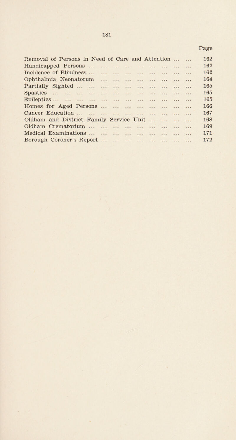 Page Removal of Persons in Need of Care and Attention. 162 Handicapped Persons. 162 Incidence of Blindness. 162 Ophthalmia Neonatorum . 164 Partially Sighted. 165 Spastics ... ... ... ... ... ... ... ... ... ... ... ... 165 Epileptics. 165 Homes for Aged Persons. 166 Cancer Education. 167 Oldham and District Family Service Unit. 168 Oldham Crematorium. 169 Medical Examinations. 171 Borough Coroner’s Report. 172