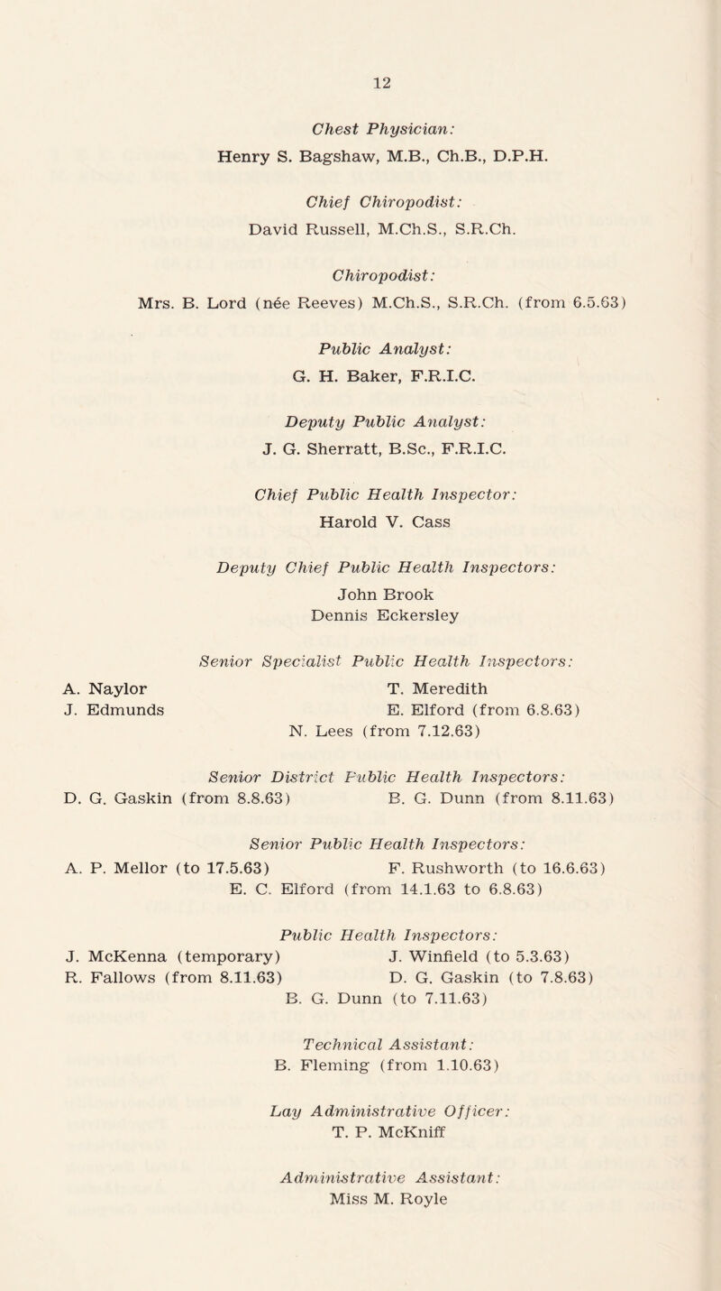 Chest Physician: Henry S. Bagshaw, M.B., Ch.B., D.P.H. Chief Chiropodist: David Russell, M.Ch.S., S.R.Ch. Chiropodist: Mrs. B. Lord (nee Reeves) M.Ch.S., S.R.Ch. (from 6.5.63) Public Analyst: G. H. Baker, F.R.I.C. Deputy Public Analyst: J. G. Sherratt, B.Sc., F.R.I.C. Chief Public Health Inspector: Harold V. Cass Deputy Chief Public Health Inspectors: John Brook Dennis Eckersley Senior Specialist Public Health Inspectors: T. Meredith E. Elford (from 6.8.63) N. Lees (from 7.12.63) Senior District Public Health Inspectors: D. G. Gaskin (from 8.8.63) B. G. Dunn (from 8.11.63) Senior Public Health Inspectors: A. P. Mellor (to 17.5.63) F. Rushworth (to 16.6.63) E. C. Elford (from 14.1.63 to 6.8.63) Public Health Inspectors: J. McKenna (temporary) J. Winfield (to 5.3.63) R. Fallows (from 8.11.63) D. G. Gaskin (to 7.8.63) B. G. Dunn (to 7.11.63) Technical Assistant: B. Fleming (from 1,10.63) Lay Administrative Officer: T. P. McKniff A. Naylor J. Edmunds Administrative Assista?it: Miss M. Royle