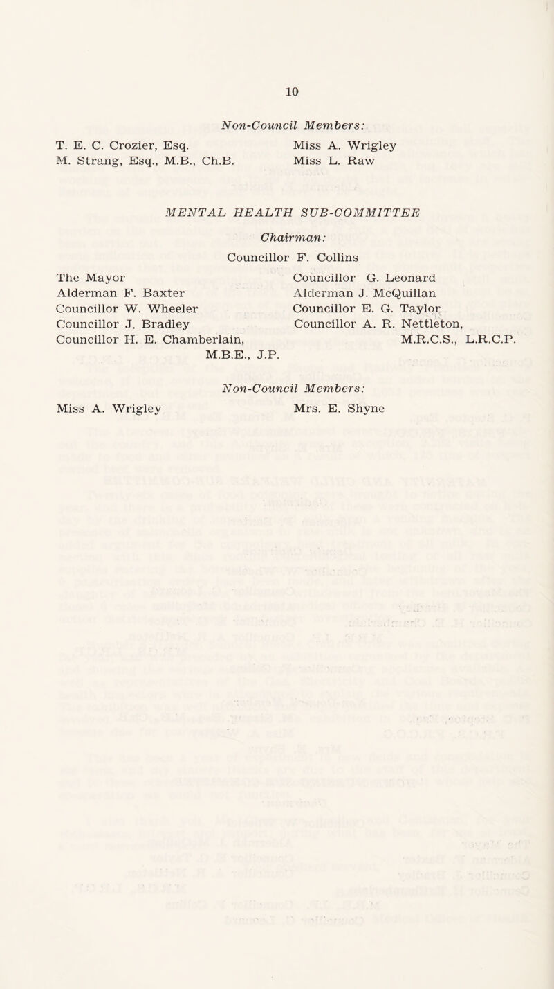 Non-Council Members: T. E. C. Crozier, Esq. Miss A. Wrigley M. Strang, Esq., M.B., Ch.B. Miss L. Raw MENTAL HEALTH SUB-COMMITTEE Chairman: Councillor F. Collins The Mayor Alderman F. Baxter Councillor W. Wheeler Councillor J. Bradley Councillor H. E. Chamberlain, Councillor G. Leonard Alderman J. McQuillan Councillor E. G. Taylor Councillor A. R. Nettleton, M.R.C.S., M.B.E., J.P. Non-Council Members: L.R.C.P.