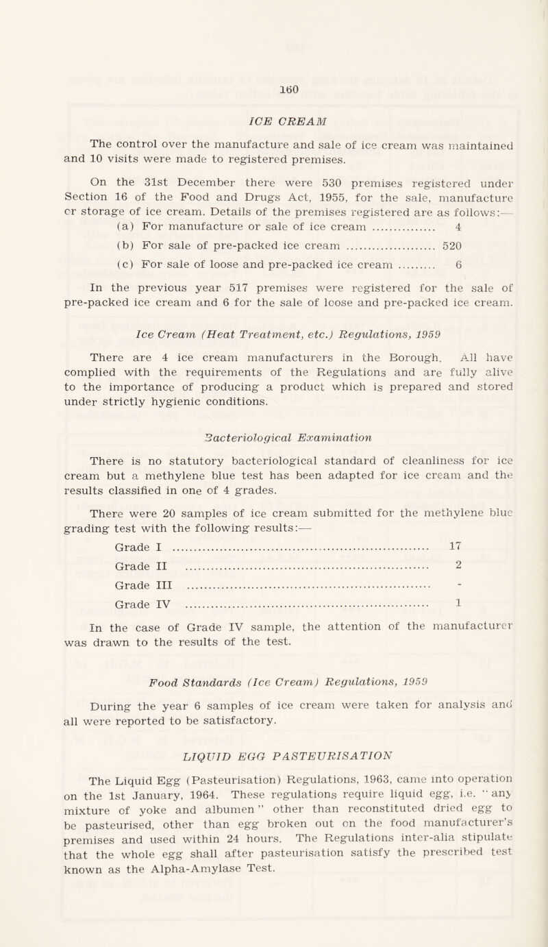 ICE CREAM The control over the manufacture and sale of ice cream was maintained and 10 visits were made to registered premises. On the 31st December there were 530 premises registered under Section 16 of the Food and Drugs Act, 1955, for the sale, manufacture or storage of ice cream. Details of the premises registered are as follows:— (a) For manufacture or sale of ice cream .... 4 (b) For sale of pre-packed ice cream .. 520 (c) For sale of loose and pre-packed ice cream . 6 In the previous year 517 premises were registered for the sale of pre-packed ice cream and 6 for the sale of loose and pre-packed ice cream. Ice Cream (Heat Treatment, etc.) Regulations, 1959 There are 4 ice cream manufacturers in the Borough. All have complied with the requirements of the Regulations and are fully alive to the importance of producing a product which is prepared and stored under strictly hygienic conditions. Bacteriological Examination There is no statutory bacteriological standard of cleanliness for ice cream but a methylene blue test has been adapted for ice cream and the results classified in one of 4 grades. There were 20 samples of ice cream submitted for the methylene blue grading test with the following results:— Grade I ...... 17 Grade II ... 2 Grade III . Grade IV ...... 1 In the case of Grade IV sample, the attention of the manufacturer was drawn to the results of the test. Food Standards (Ice Cream) Regulations, 1959 During the year 6 samples of ice cream were taken for analysis and all were reported to be satisfactory. LIQUID EGG PASTEURISATION The Liquid Egg (Pasteurisation) Regulations, 1963, came into operation on the 1st January, 1964. These regulations require liquid egg, i.e. an> mixture of yoke and albumen ” other than reconstituted dried egg to be pasteurised, other than egg broken out cn the food manufacturer’s premises and used within 24 hours. The Regulations inter-alia stipulate that the whole egg shall after pasteurisation satisfy the prescribed test known as the Alpha-Amylase Test.