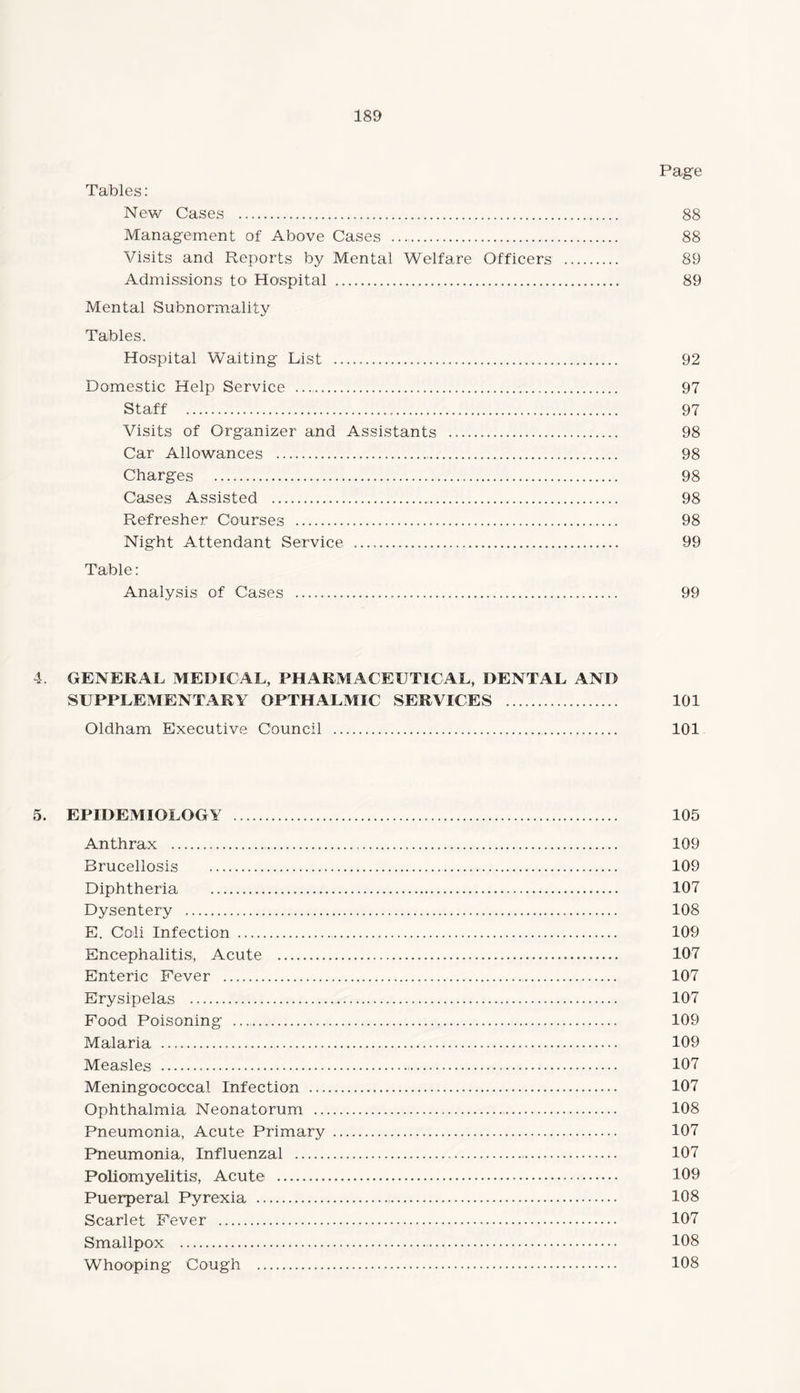Page Tables : New Cases . 88 Management of Above Cases . 88 Visits and Reports by Mental Welfare Officers . 89 Admissions to Hospital . 89 Mental Subnormality Tables. Hospital Waiting List . 92 Domestic Help Service . 97 Staff . 97 Visits of Organizer and Assistants . 98 Car Allowances . 98 Charges . 98 Cases Assisted . 98 Refresher Courses . 98 Night Attendant Service .. 99 Table: Analysis of Cases . 99 4. GENERAL MEDICAL, PHARMACEUTICAL, DENTAL AND SUPPLEMENTARY OPTHALMIC SERVICES .. 101 Oldham Executive Council . 101 5. EPIDEMIOLOGY . 105 Anthrax . 109 Brucellosis . 109 Diphtheria . 107 Dysentery . 108 E. Coli Infection . 109 Encephalitis, Acute . 107 Enteric Fever . 107 Erysipelas . 107 Food Poisoning . 109 Malaria . 109 Measles . 107 Meningococcal Infection . 107 Ophthalmia Neonatorum . 108 Pneumonia, Acute Primary . 107 Pneumonia, Influenzal . 107 Poliomyelitis, Acute . 109 Puerperal Pyrexia . 108 Scarlet Fever . 107 Smallpox . 108 Whooping Cough . 108