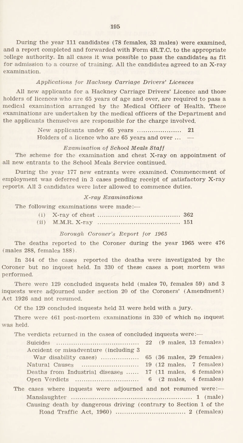 During the year 111 candidates (78 females, 33 males) were examined, and a report completed and forwarded with Form 4R.T.C. to the appropriate college authority. In all cases it was possible to pass the candidates as fit for admission to a course of training. All the candidates agreed to an X-ray examination. Applications for Hackney Carriage Drivers’ Licences All new applicants for a Hackney Carriage Drivers’ Licence and those holders of licences who are 65 years of age and over, are required to pass a medical examination arranged by the Medical Officer of Health. These examinations are undertaken by the medical officers of the Department and the applicants themselves are responsible for the charge involved. New applicants under 65 years . 21 Holders of a licence who are 65 years and over ... — Examination of School Meals Staff The scheme for the examination and chest X-ray on appointment of all new entrants to the School Meals Service continued. During the year 177 new entrants were examined. Commencement of employment was deferred in 3 cases pending receipt of satisfactory X-ray reports. All 3 candidates were later allowed to commence duties. X-ray Examinations The following examinations were made:— (i) X-ray of chest . 362 (ii) M.M.R. X-ray . 151 Borough Coroner’s Report for 1965 The deaths reported to the Coroner during the year 1965 were 476 (males 288, females 188), In 344 of the cases reported the deaths w^ere investigated by the Coroner but no inquest held. In 330 of these cases a post mortem was performed. There were 129 concluded inquests held (males 70, females 59) and 3 inquests were adjourned under section 20 of the Coroners’ (Amendment) Act 1926 and not resumed. Of the 129 concluded inquests held 31 were held with a jury. There were 461 post-mortem examinations in 330 of which no inquest was held. The verdicts returned in the cases of concluded inquests were:— Suicides . 22 (9 males, 13 females) Accident or misadventure (including 3 War disability cases) . 65 (36 males, 29 females) Natural Causes . 19 (12 males, 7 females) Deaths from Industrial diseases . 17 (11 males, 6 females) Open Verdicts . 6 (2 males, 4 females) The cases where inquests were adjourned and not resumed were:— Manslaughter ... 1 (male) Causing death by dangerous driving (contrary to Section 1 of the Road Traffic Act, 1960) . 2 (females)