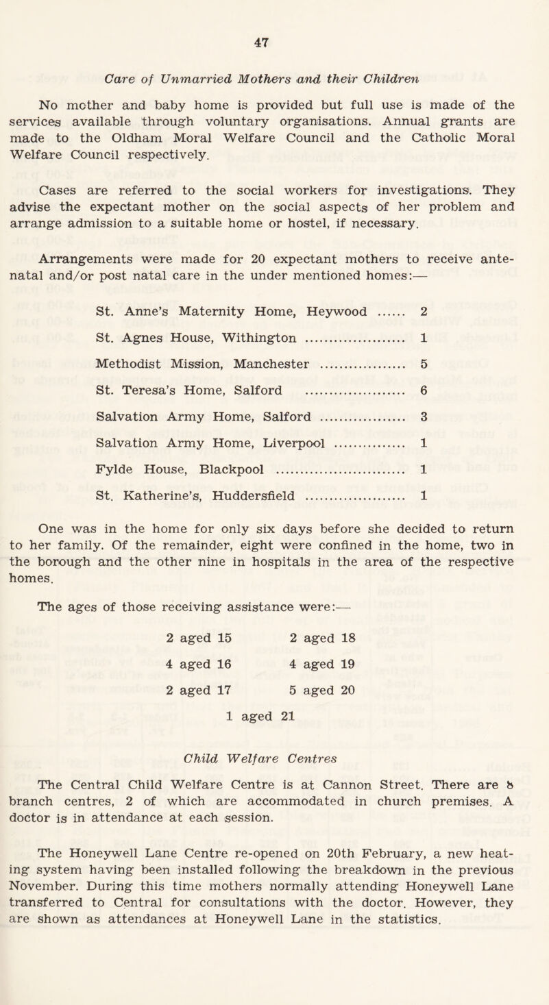 Care of Unmarried Mothers and their Children No mother and baby home is provided but full use is made of the services available through voluntary organisations. Annual grants are made to the Oldham Moral Welfare Council and the Catholic Moral Welfare Council respectively. Cases are referred to the social workers for investigations. They advise the expectant mother on the social aspects of her problem and arrange admission to a suitable home or hostel, if necessary. Arrangements were made for 20 expectant mothers to receive ante¬ natal and/or post natal care in the under mentioned homes:— St. Anne’s Maternity Home, Heywood . 2 St. Agnes House, Withington . 1 Methodist Mission, Manchester . 5 St. Teresa’s Home, Salford . 6 Salvation Army Home, Salford . 3 Salvation Army Home, Liverpool . 1 Fylde House, Blackpool . 1 St. Katherine’s, Huddersfield . 1 One was in the home for only six days before she decided to return to her family. Of the remainder, eight were confined in the home, two in the borough and the other nine in hospitals in the area of the respective homes. The ages of those receiving assistance were:— 2 aged 15 2 aged 18 4 aged 16 4 aged 19 2 aged 17 5 aged 20 1 aged 21 Child Welfare Centres The Central Child Welfare Centre is at Cannon Street. There are 8 branch centres, 2 of which are accommodated in church premises. A doctor is in attendance at each session. The Honeywell Lane Centre re-opened on 20th February, a new heat¬ ing system having been installed following the breakdown in the previous November. During this time mothers normally attending Honeywell Lane transferred to Central for consultations with the doctor. However, they are shown as attendances at Honeywell Lane in the statistics.