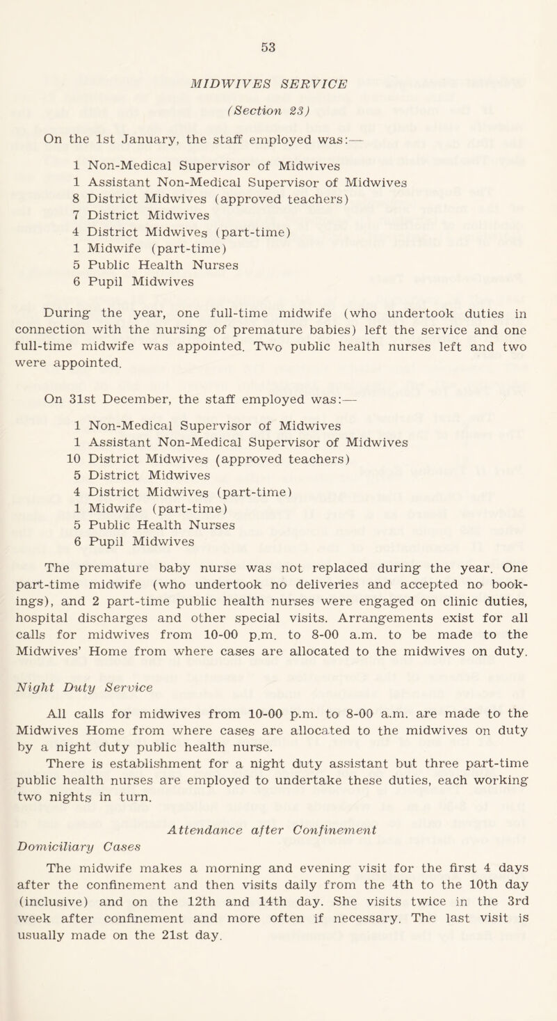 MIDWIVES SERVICE (Section 23) On the 1st January, the staff employed was:— 1 Non-Medical Supervisor of Midwives 1 Assistant Non-Medical Supervisor of Midwives 8 District Midwives (approved teachers) 7 District Midwives 4 District Midwives (part-time) 1 Midwife (part-time) 5 Public Health Nurses 6 Pupil Midwives During the year, one full-time midwife (who undertook duties in connection with the nursing of premature babies) left the service and one full-time midwife was appointed. Two public health nurses left and two were appointed. On 31st December, the staff employed was:— 1 Non-Medical Supervisor of Midwives 1 Assistant Non-Medical Supervisor of Midwives 10 District Midwives (approved teachers) 5 District Midwives 4 District Midwives (part-time) 1 Midwife (part-time) 5 Public Health Nurses 6 Pupil Midwives The premature baby nurse was not replaced during the year. One part-time midwife (who undertook no deliveries and accepted m> book¬ ings), and 2 part-time public health nurses were engaged on clinic duties, hospital discharges and other special visits. Arrangements exist for all calls for midwives from 10-00 p.m. to 8-00 a.m. to be made to the Midwives’ Home from where cases are allocated to the midwives on duty. Night Duty Service All calls for midwives from 10-00 p.m. to 8-00 a.m. are made to the Midwives Home from where cases are allocated to the midwives on duty by a night duty public health nurse. There is establishment for a night duty assistant but three part-time public health nurses are employed to undertake these duties, each working two nights in turn. Attendance after Confinement Domiciliary Cases The midwife makes a morning and evening visit for the first 4 days after the confinement and then visits daily from the 4th to the 10th day (inclusive) and on the 12th and 14th day. She visits twice in the 3rd week after confinement and more often if necessary. The last visit is usually made on the 21st day.