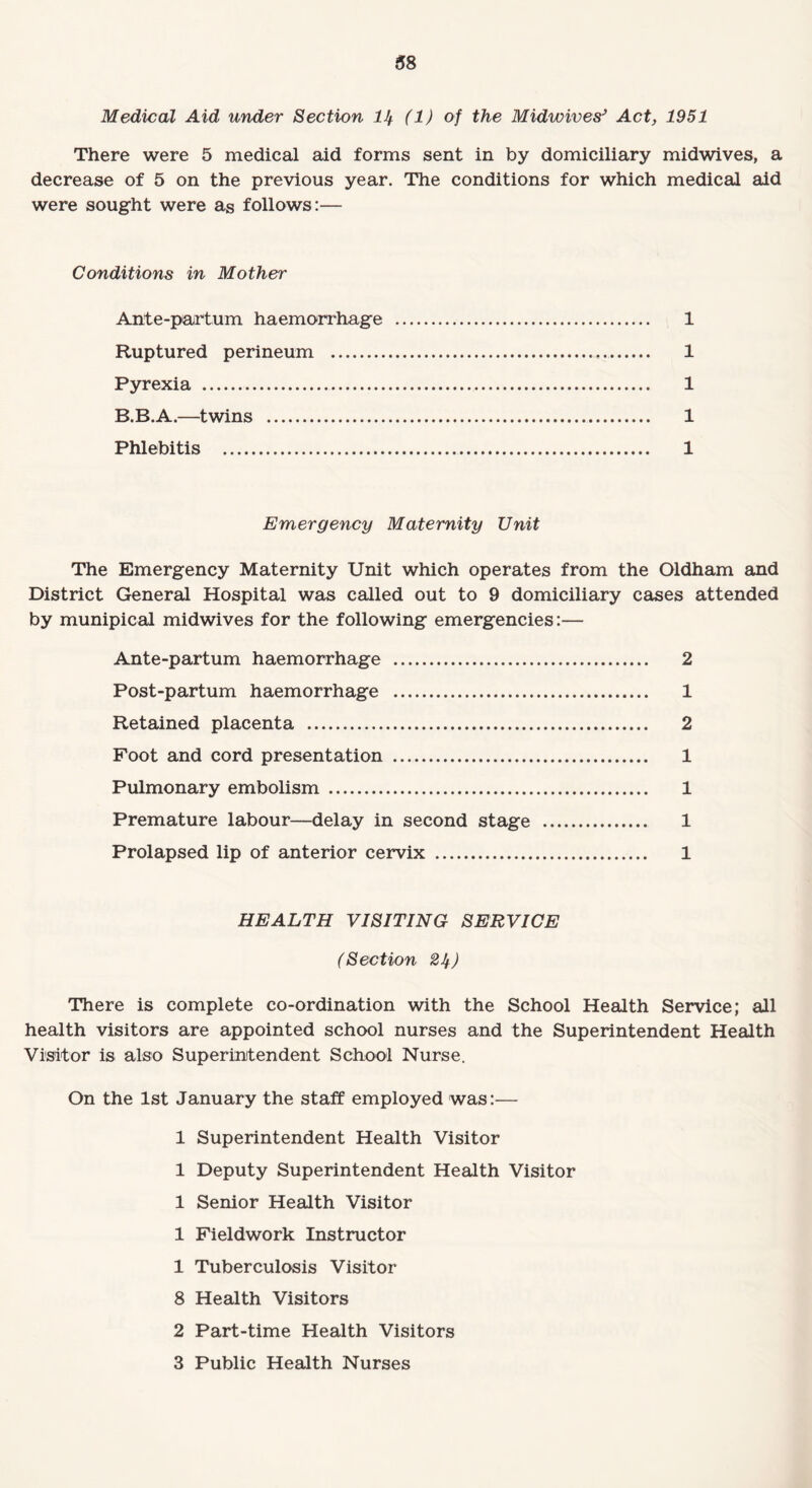 Medical Aid under Section 11/. (1) of the Midwives’ Act, 1951 There were 5 medical aid forms sent in by domiciliary midwives, a decrease of 5 on the previous year. The conditions for which medical aid were sought were as follows:— Conditions in Mother Ante-partum haemorrhage . 1 Ruptured perineum . 1 Pyrexia . 1 B.B.A.—twins . 1 Phlebitis . 1 Emergency Maternity Unit The Emergency Maternity Unit which operates from the Oldham and District General Hospital was called out to 9 domiciliary cases attended by munipicai midwives for the following emergencies:— Ante-partum haemorrhage . 2 Post-partum haemorrhage . 1 Retained placenta . 2 Foot and cord presentation . 1 Pulmonary embolism . 1 Premature labour—delay in second stage . 1 Prolapsed lip of anterior cervix . 1 HEALTH VISITING SERVICE (Section 21/.) There is complete co-ordination with the School Health Service; all health visitors are appointed school nurses and the Superintendent Health Visitor is also Superintendent School Nurse. On the 1st January the staff employed was:— 1 Superintendent Health Visitor 1 Deputy Superintendent Health Visitor 1 Senior Health Visitor 1 Fieldwork Instructor 1 Tuberculosis Visitor 8 Health Visitors 2 Part-time Health Visitors 3 Public Health Nurses