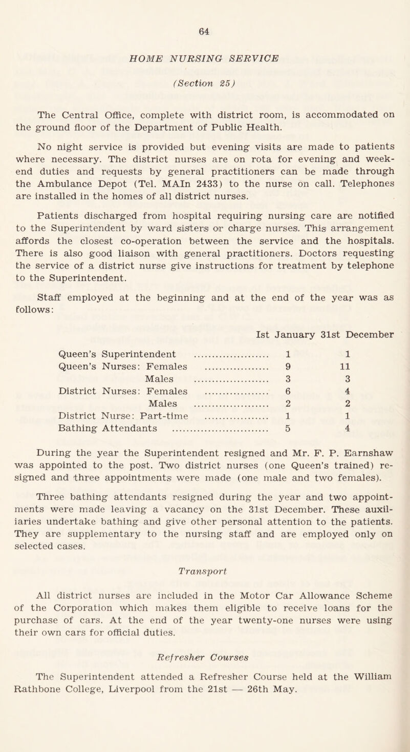 HOME NURSING SERVICE (Section 25) The Central Office, complete with district room, is accommodated on the ground floor of the Department of Public Health. No night service is provided but evening visits are made to patients where necessary. The district nurses are on rota for evening and week¬ end duties and requests by general practitioners can be made through the Ambulance Depot (Tel. MAIn 2433) to the nurse on call. Telephones are installed in the homes of all district nurses. Patients discharged from hospital requiring nursing care are notified to the Superintendent by ward sisters or charge nurses. This arrangement affords the closest co-operation between the service and the hospitals. There is also good liaison with general practitioners. Doctors requesting the service of a district nurse give instructions for treatment by telephone to the Superintendent. Staff employed at the beginning and at the end of the year was as follows: 1st January 31st December Queen’s Superintendent . 1 1 Queen’s Nurses: Females . 9 11 Males . 3 3 District Nurses: Females . 6 4 Males . 2 2 District Nurse: Part-time . 1 1 Bathing Attendants . 5 4 During the year the Superintendent resigned and Mr. F. P. Earnshaw was appointed to the post. Two district nurses (one Queen’s trained) re¬ signed and three appointments were made (one male and two females). Three bathing attendants resigned during the year and two appoint¬ ments were made leaving a vacancy on the 31st December. These auxil¬ iaries undertake bathing and give other personal attention to the patients. They are supplementary to the nursing staff and are employed only on selected cases. Transport All district nurses are included in the Motor Car Allowance Scheme of the Corporation which makes them eligible to receive loans for the purchase of cars. At the end of the year twenty-one nurses were using their own cars for official duties. Refresher Courses The Superintendent attended a Refresher Course held at the William Rathbone College, Liverpool from the 21st — 26th May.