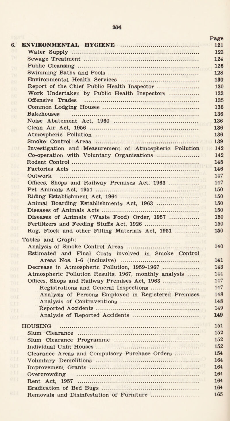 Page 6. ENVIRONMENTAL HYGIENE . 121 Water Supply . 123 Sewage Treatment . 124 Public Cleansing . 126 Swimming Baths and Pools . 128 Environmental Health Services . 130 Report of the Chief Public Health Inspector . 130 Work Undertaken by Public Health Inspectors . 133 Offensive Trades . 135 Common Lodging Houses . 136 Bakehouses . 136 Noise Abatement Act, 1960 . 136 Clean Air Act, 1956 .. 136 Atmospheric Pollution . 136 Smoke Control Areas . 139 Investigation and Measurement of Atmospheric Pollution 142 Co-operation with Voluntary Organisations . 142 Rodent Control . 145 Factories Acts . 146 Outwork . 147 Offices, Shops and Railway Premises Act, 1963 . 147 Pet Animals Act, 1951 . 150 Riding Establishment Act, 1964 . 150 Animal Boarding Establishments Act, 1963 . 150 Diseases of Animals Acts . 150 Diseases of Animals (Waste Food) Order, 1957 . 150 Fertilizers and Feeding Stuffs Act, 1926 . 150 Rag, Flock and other Filling Materials Act, 1951 . 150 Tables and Graph: Analysis of Smoke Control Areas . 140 Estimated and Final Costs involved in Smoke Control Areas Nos. 1-6 (inclusive) . 141 Decrease in Atmospheric Pollution, 1959-1967 . 143 Atmospheric Pollution Results, 1967, monthly analysis . 144 Offices, Shops and Railway Premises Act, 1963 . 147 Registrations and General Inspections . 147 Analysis of Persons Employed in Registered Premises 148 Analysis of Contraventions . 148 Reported Accidents . 149 Analysis of Reported Accidents . 149 HOUSING . 151 Slum Clearance . 152 Slum Clearance Programme . 152 Individual Unfit Houses . 152 Clearance Areas and Compulsory Purchase Orders . 154 Voluntary Demolitions . 164 Improvement Grants . 164 Overcrowding . 164 Rent Act, 1957 . 164 Eradication of Bed Bugs . 164 Removals and Disinfestation of Furniture . 165