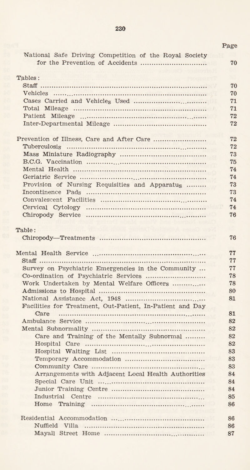 Page National Safe Driving Competition of the Royal Society for the Prevention of Accidents . 70 Tables: Staff . 70 Vehicles . 70 Cases Carried and Vehicles, Used . 71 Total Mileage . 71 Patient Mileage .. 72 Inter-Departmental Mileage . 72 Prevention of Illness, Care and After Care . 72 Tuberculosis . 72 Mass Miniature Radiography . 73 B.C.G. Vaccination . 75 Mental Health . 74 Geriatric Service . 74 Provision of Nursing Requisites and Apparatus; . 73 Incontinence Pads . 73 Convalescent Facilities . 74 Cervical Cytology . 74 Chiropody Service ... 76 Table: Chiropody—Treatments . 76 Mental Health Service ..... 77 Staff . 77 Survey on Psychiatric Emergencies in the Community ... 77 Co-ordination of Psychiatric Services . 78 Work Undertaken by Mental Welfare Officers .. 78 Admissions to Hospital . 80 National Assistance Act, 1948 .. 81 Facilities for Treatment, Out-Patient, In-Patient and Day Care ... 81 Ambulance Service ... 82 Mental Subnormality .. 82 Care and Training of the Mentally Subnormal . 82 Hospital Care ... 82 Hospital Waiting List . 83 Temporary Accommodation . 83 Community Care .. 83 Arrangements with Adjacent Local Health Authorities 84 Special Care Unit .. 84 Junior Training Centre . 84 Industrial Centre .. 85 Home Training ... 86 Residential Accommodation .. 86 Nuffield Villa . 86 Mayall Street Home ... 87