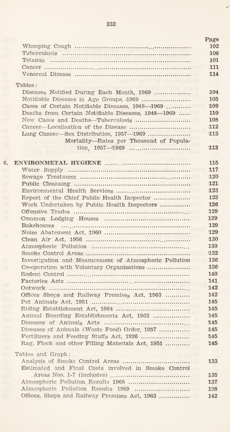 P.age Whooping Cough ... 102 Tuberculosis .. 106 Tetanus . 101 Cancer . I'll Venereal Disease . 114 Tables: Diseases Notified During Each Month, 1969 . 104 Notifiable Diseases in Age Groups, 1969 .. 105 Cases of Certain Notifiable Diseases, 1948—1969 . 109 Deaths from Certain Notifiable Diseases, 1948—1969 . 110 New Cases and Deaths—‘Tuberculosis . 108 Cancer-—Localisation of the Disease . 112 Lung Cancer—Sex Distribution, 1957—1969 . 1113 Mortality—Rates per Thousand of Popula¬ tion, 1957—1969 .. 113 6. ENVIRONMENTAL HYGIENE . 115 Water Supply . 117 Sewage Treatment . 120 Public Cleansing . 121 Environmental Health Services . 123 Report of the Chief Public Health Inspector . 123 Work Undertaken by Public Health Inspectors . 126 Offensive Trades . 129 Common Lodging Houses . 129 Bakehouses .. 129 Noise Abatement Act, I960 . 129 Clean Air Act, 1956 . 130 Atmospheric Pollution . 130 Smoke Control Areas . 132 Investigation and Measurement of Atmospheric Pollution 136 Co-operation with Voluntary Organisations . 136 Rodent Control . 140 Factories Acts . 141 Outwork . 142 Offices Shops and Railway Premises Act, 1963 . 142 Pet Animals Act, 1951 . 145 Riding Establishment Act, 1964 . 145 Animal Boarding Establishments Act, 1963 . 145 Diseases of Animals Acts . 145 Diseases of Animals (Waste Food) Order, 1957 . 145 Fertilizers and Feeding Stuffs Act, 1926 . 145 Rag, Flock and other Filling Materials Act, 1951 . 145 Tables and Graph : Analysis of Smoke Control Areas ... 133 Estimated and Final Costs involved in Smoke Control Areas Nos. 1-7 (inclusive) .. 135 Atmospheric Pollution Results 1968 . 137 Atmospheric Pollution Results 1969 . 138 Offices, Shops and Railway Premises Act, 1963 . 142