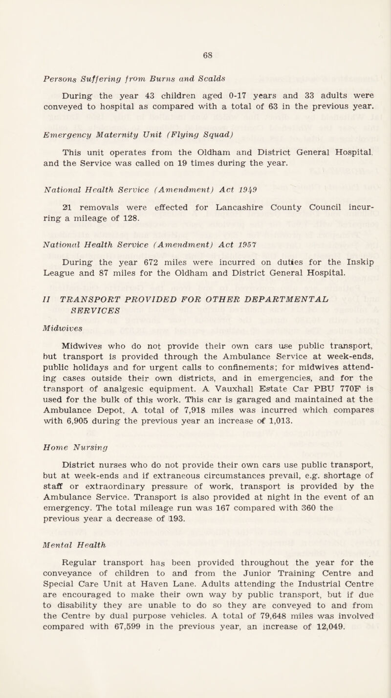 Persons Suffering from Burns and Scalds During the year 43 children aged 0-17 years and 33 adults were conveyed to hospital as compared with a total of 63 in the previous year. Eynergency Maternity Unit (Flying Squad) This unit operates from the Oldham and District General Hospital, and the Service was called on 19 times during the year. National Health Service (Amendment) Act 19^9 211 removals were effected for Lancashire County Council incur¬ ring a mileage of 128. National Health Service (Amendment) Act 1957 During the year 672 miles were incurred on duties for the Inskip League and 87 miles for the Oldham and District General Hospital. II TRANSPORT PROVIDED FOR OTHER DEPARTMENTAL SERVICES Midwives Midwives who do not provide their own cars use public transport, but transport is provided through the Ambulance Service at week-ends, public holidays and for urgent calls to confinements; for midwives attend¬ ing cases outside their own districts, and in emergencies, and for the transport of analgesic equipment. A Vauxhall Estate Car PBU 770F is used for the bulk of this work. This car is garaged and maintained at the Ambulance Depot. A total of 7,918 miles was incurred which compares with 6,905 during the previous year an increase of 1,013. Home Nursing District nurses who do not provide their own cars use public transport, but at week-ends and if extraneous circumstances prevail, e.g. shortage of staff or extraordinary pressure of work, transport is provided by the Ambulance Service. Transport is also provided at night in the event of an emergency. The total mileage run was 167 compared with 360 the previous year a decrease of 1193. Mental Health Regular transport has been provided throughout the year for the conveyance of children to and from the Junior Training Centre and Special Care Unit at Haven Lane. Adults attending the Industrial Centre are encouraged to make their own way by public transport, but if due to disability they are unable to do so they are conveyed to and from the Centre by dual purpose vehicles. A total of 79,648 miles was involved compared with 67,599 in the previous year, an increase of 12,049.