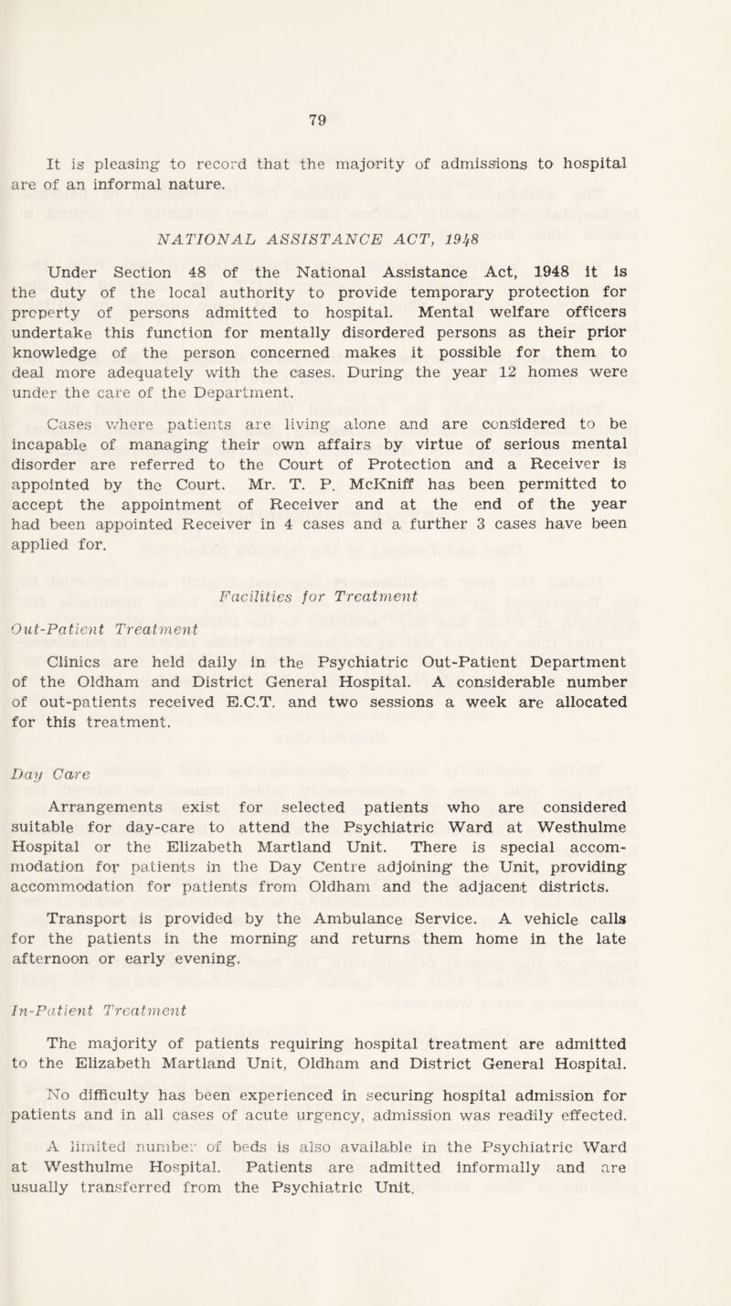 It is pleasing to record that the majority of admissions to hospital are of an informal nature. NATIONAL ASSISTANCE ACT, 191,8 Under Section 48 of the National Assistance Act, 1948 it is the duty of the local authority to provide temporary protection for property of persons admitted to hospital. Mental welfare officers undertake this function for mentally disordered persons as their prior knowledge of the person concerned makes it possible for them to deal more adequately with the cases. During the year 12 homes were under the care of the Department. Cases where patients are living alone and are considered to be incapable of managing their own affairs by virtue of serious mental disorder are referred to the Court of Protection and a Receiver is appointed by the Court. Mr. T. P. McKniff has been permitted to accept the appointment of Receiver and at the end of the year had been appointed Receiver in 4 cases and a further 3 cases have been applied for. Facilities for Treatment Out-Patient Treatment Clinics are held daily in the Psychiatric Out-Patient Department of the Oldham and District General Hospital. A considerable number of out-patients received E.C.T. and two sessions a week are allocated for this treatment. Day Care Arrangements exist for selected patients who are considered suitable for day-care to attend the Psychiatric Ward at Westhulme Hospital or the Elizabeth Martland Unit. There is special accom¬ modation for patients in the Day Centre adjoining the Unit, providing accommodation for patients from Oldham and the adjacent districts. Transport is provided by the Ambulance Service. A vehicle calls for the patients in the morning and returns them home in the late afternoon or early evening. In-Patient Treatment The majority of patients requiring hospital treatment are admitted to the Elizabeth Martland Unit, Oldham and District General Hospital. No difficulty has been experienced in securing hospital admission for patients and in all cases of acute urgency, admission was readily effected. A limited number of beds is also available in the Psychiatric Ward at Westhulme Hospital. Patients are admitted informally and are usually transferred from the Psychiatric Unit.