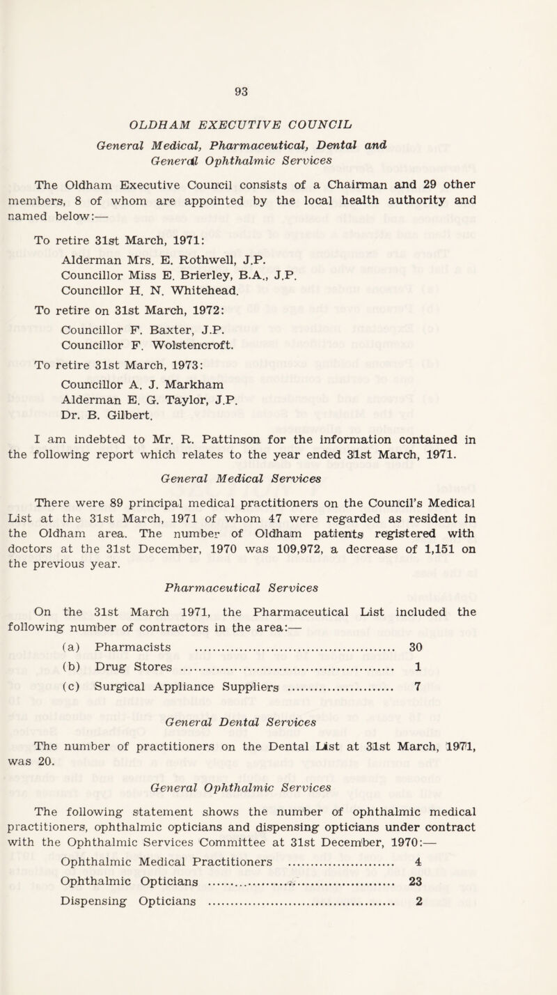 OLDHAM EXECUTIVE COUNCIL General Medical, Pharmaceutical, Dental and Generdl Ophthalmic Services The Oldham Executive Council consists of a Chairman and 29 other members, 8 of whom are appointed by the local health authority and named below:— To retire 31st March, 1971: Alderman Mrs. E. Rothwell, J.P. Councillor Miss E. Brierley, B.A., J.P. Councillor H. N. Whitehead. To retire on 31st March, 1972: Councillor F. Baxter, J.P. Councillor F. Wolstencroft. To retire 31st March, 1973: Councillor A. J. Markham Alderman E. G. Taylor, J.P. Dr. B. Gilbert. I am indebted to Mr. R. Pattinson for the information contained in the following report which relates to the year ended 3ilst March, 1971. General Medical Services There were 89 principal medical practitioners on the Council's Medical List at the 31st March, 1971 of whom 47 were regarded as resident in the Oldham area. The number of Oldham patients registered with doctors at the 31st December, 1970 was 109,972, a decrease of 1,151 on the previous year. Pharmaceutical Services On the 31st March 1971, the Pharmaceutical List included the following number of contractors in the area:— (a) Pharmacists . 30 (b) Drug Stores . 1 (c) Surgical Appliance Suppliers . 7 General Dental Services The number of practitioners on the Dental List at 31st March, 19711, was 20. General Ophthalmic Services The following statement shows the number of ophthalmic medical practitioners, ophthalmic opticians and dispensing opticians under contract with the Ophthalmic Services Committee at 31st December, 1970:— Ophthalmic Medical Practitioners . 4 Ophthalmic Opticians ...^. 23 Dispensing Opticians . 2