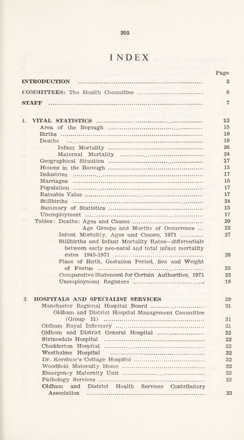 INDEX Page INTRODUCTION . 3 COMMITTEES: The Health Committee . 6 STAFF . 7 1. VITAE STATISTICS . 13 Area of the Borough . 15 Births . 19 Deaths .. 19 Infant Mortality . 26 Maternal Mortality . 24 Geographical Situation . 17 Houses in the Borough .t. 15 Industries: . 17 Marriages . 15 Population . 17 Rateable Value . 17 Stillbirths . 24 Summary of Statistics . 15 Unemployment .. 17 Tables: Deaths: Ages and Causes . 20 Age Groups and Months of Occurrence ... 22 Infant Mortality, Ages and Clalulsleis, 1971 . 27 Stillbirths and Infant Mortality Rates'—differentials between early neo-natal and total infant mortality rates 1945-1971 28 Place of Birth, Gestation Period, Sex and Weight of Foetus . 25 Comparative Statement for Certain Authorities, 1971 23 Unemployment Registers ....... 18 2. HOSPITALS AND SPECIALIST SERVICES 29 Manchester Regional Hospital Board . 31 Oldham and District Hospital Management Committee (Group 111) 31 Oldham Royal Infirmary .. 31 Oldham and District General Hospital . 32 Strinesdale Hospital . 32 Chadderton Hospital . 32 Westhulme Hospital . 32 Dr. Kershaw’s Cottage Hospital . 32 Woodheld Maternity Home . 32 Emergency Maternity Unit . 32 Pathology Services . 32 Oldham and District Health Services Contributory Association . 33