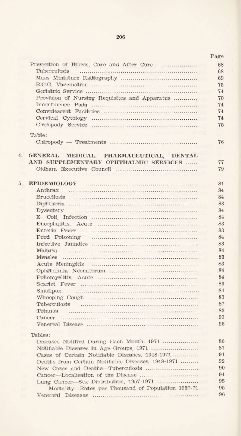 Page Prevention of Illness, Care and After Care . 68 Tuberculosis . 68 Maisis Miniature Radiography . 69 B.C.G. Vaccination . 75 Geriatric Service . 74 Provision of Nursling RleiqulMItieis and Apparatus . 70 Incontinence Pads . 74 Convalescent Facilities ...* 74 Cervical Cytology . 74 'Chiropody Service . 75 Table: Chiropody — Treatments . 76 4. GENERAL MEDICAL, PHARMACEUTICAL, DENTAL AND SUPPLEMENTARY OPHTHALMIC SERVICES . 77 Oldham Executive Council .. 79 5. EPIDEMIOLOGY . 81 Anthrax . 84 Brucellosis . 84 Diphtheria . 83 Dysentery . 84 E. Oolii. Infection . 84 Encephalitis, Acute . 83 Enteric Fever . 83 Food Poisoning . 84 Infective Jaundice ...* 83 Malaria . 84 Measles . 83 Acute Meningitis . 83 Ophthalmia Neonatorum . 84 Poliomyelitis, Acute . 84 Scarlet Fever . 83 Smallpox . 84 Whooping Cough . 83 Tuberculosis . 87 Tetanus . 83 Cancer . 93 Venereal Disease . 96 Tables: Diseases Notified During Each Month, 1971 . 86 Notifiable Diseases in Age Groups,, 1971 . 87 Cases of Certain Notifiable Diseases', 1948-1971 . 91 Deiathls from Certain Notifiable Diseases, 1948-1971 . 92 New Cases and Deaithisi—Tuberculosis . 90 Cancer—Localisation of the Disease . 94 Lung Cancer—Sex Distribution, 1957-1971 . 95 Mortality—Rates per Thousand of Population 1957-71 95 Venereal Diseases . 96