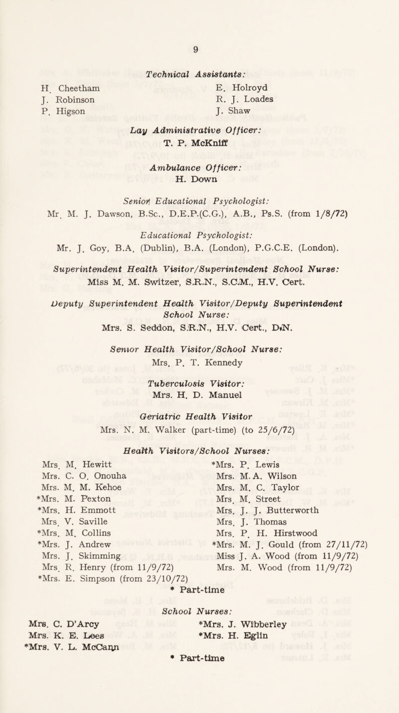 Technical Assistants: H. Cheetham E. Holroyd J- Robinson R. J. Loades P. Higson J. Shaw Lay Administrative Officer: T. P, McKniff Ambulance Officer: H. Down Senio/ Educational Psychologist: Mr. M. J. Dawson, B.Sc., D.E.P.(C.G.), A.B., Ps.S. (from 1/8/72) Educational Psychologist: Mr. J. Goy, B.A. (Dublin), B.A. (London), P.G.C.E. (London). Superintendent Health Visitor/Superintendent School Nurse: Miss M. M. Switzer, S.R.N., S.C.M., H.V. Cert. Deputy Superintendent Health Visitor/Deputy Superintendent School Nurse: Mrs. S. Seddon, S.R.N., H.V. Cert., D»N. Senior Health Visitor/School Nurse: Mrs. P. T. Kennedy Tuberculosis Visitor: Mrs. H. D. Manuel Geriatric Health Visitor Mrs. N. M. Walker (part-time) (to 25/6/72) Health Visitors/School Nurses: Mrs. M. Hewitt Mrs. C. O. Onouha Mrs. M. M. Kehoe *Mrs. M. P'exton *Mrs. H. Emmott Mrs. V. Saville *Mrs. M. Collins *Mrs. J. Andrew Mrs. J. Skimming Mrs. R. Henry (from 11/9/72) *Mrs. E. Simpson (from 23/10/72) *Mrs. P. Lewis Mrs. M. A. Wilson Mrs. M. C. Taylor Mrs M. Street Mrs. J. J. Butter worth Mrs. J. Thomas Mrs. P. LI. Hirst wood *Mrs. M. J. Gould (from 27/11/72) Miss J. A. Wood (from 11/9/72) Mrs. M. Wood (from 11/9/72) Part-time School Nurses: Mrs. C. D’Arcy *Mrs. J. Wibberley Mrs. K. E. Lees *Mrs. LI. Eglin ♦Mrs. V. L. McCann • Part-time