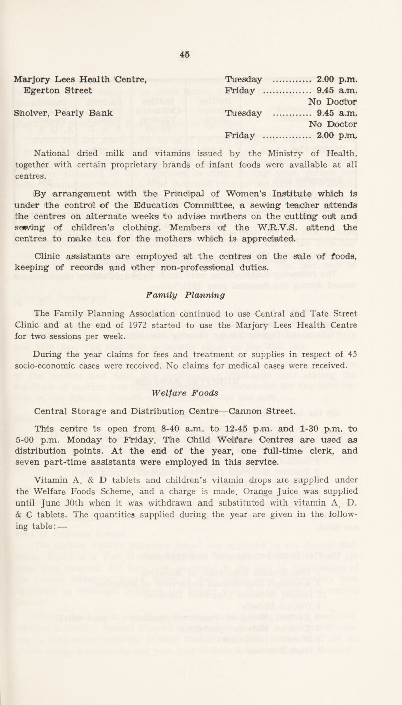 Marjory Lees Health Centre, Tuesday . 2.00 p.m. Egerton Street Friday . 9.45 a.m. Nio Doctor Sbolver, Pearly Bank Tuesday . 9.45 a.m No Doctor Friday . 2.00 p.m National dried milk and vitamins issued by the Ministry of Health, together with certain proprietary brands of infant foods were available at all centres. By arrangement with the Principal of Women’s Institute which is under the control of the Education Committee, a sewing teacher attends the centres on alternate weeks to advise mothers on the cutting out and serving of children’s clothing. Members of the W.R.V.S. attend the centres to make tea for the mothers which is appreciated. Clinic assistants are employed at the centres on the sale of foods, keeping of records and other non-professional duties. Family Planning The Family Planning Association continued to use Central and Tate Street Clinic and at the end of 1972 started to use the Marjory Lees Health Centre for two sessions per week. During the year claims for fees and treatment or supplies in respect of 45 socio-economic cases were received. No claims for medical cases were received. Welfare Foods Central Storage and Distribution Centre—Cannon Street. This centre is open from 8-40 am to 12-45 p.m. and 1-30 p.m. to 5-00 p.m. Monday to Friday. The Child Welfare Centres are used as distribution points. At the end of the year, one full-time clerk, and seven part-time assistants were employed in this service. Vitamin A. & D tablets and children’s vitamin drops are supplied under the Welfare Foods Scheme, and a charge is made. Orange Juice was supplied until June 30th when it was withdrawn and substituted with vitamin A D. & C tablets. The quantities supplied during the year are given in the follow¬ ing table: —