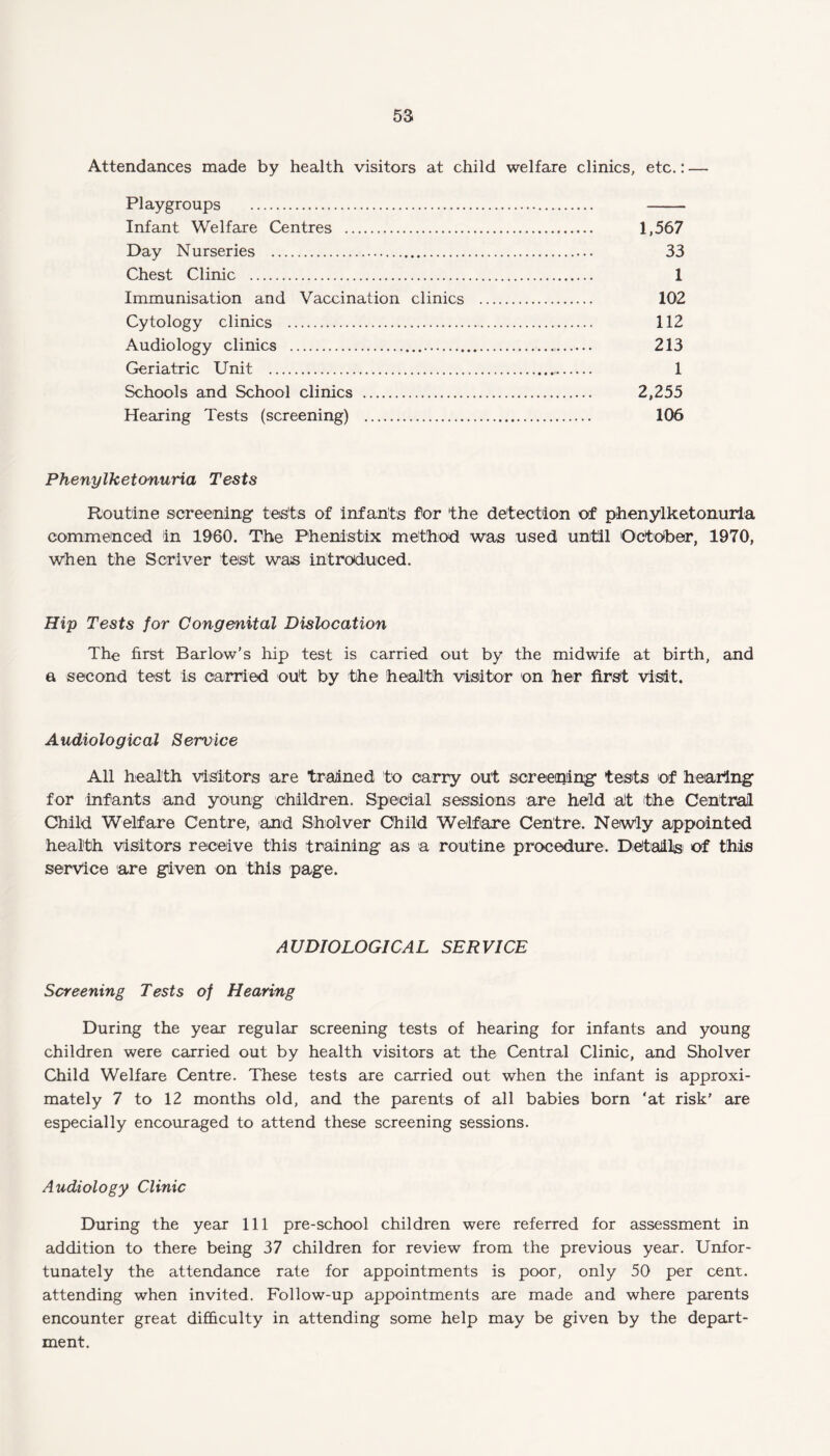 Attendances made by health visitors at child welfare clinics, etc.: — Playgroups . . Infant Welfare Centres . 1,567 Day Nurseries . 33 Chest Clinic . 1 Immunisation and Vaccination clinics . 102 Cytology clinics . 112 Audiology clinics . 213 Geriatric Unit . 1 Schools and School clinics . 2,255 Hearing Tests (screening) . 106 Phenylketonuria Tests Routine screening tests of infants for the detection of phenylketonuria commenced in 1960. The Phenistix method was used until October, 1970, when the Scriver test was introduced. Hip Tests for Congenital Dislocation The first Barlow’s hip test is carried out by the midwife at birth, and a second test is carried out by the health visitor on her first visit. Audiological Service All health visitors are trained to carry out screening tests of hearing for infants and young children. Special sessions are held alt the Central Child Welfare Centre, and Sholver Child Welfare Centre. Newly appointed health visitors receive this training as a routine procedure. Details of this service are given on this page. AUDIOLOGICAL SERVICE Screening Tests of Hearing During the year regular screening tests of hearing for infants and young children were carried out by health visitors at the Central Clinic, and Sholver Child Welfare Centre. These tests are carried out when the infant is approxi¬ mately 7 to 12 months old, and the parents of all babies born 'at risk’ are especially encouraged to attend these screening sessions. Audiology Clinic During the year 111 pre-school children were referred for assessment in addition to there being 37 children for review from the previous year. Unfor¬ tunately the attendance rate for appointments is poor, only 50 per cent, attending when invited. Follow-up appointments are made and where parents encounter great difficulty in attending some help may be given by the depart¬ ment.