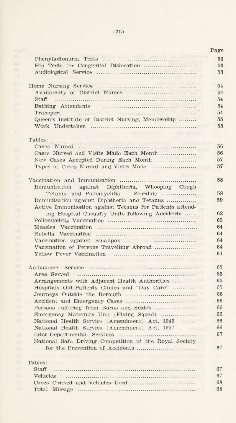 Page Phenylketonuria Tests ... 53 Hip Tests for Congenital Dislocation . 53 AudidlOgi'Cal Service . 53 Home Nursing Service . 54 Availability of District Nurses ... 54 Staff . 54 Bathing Attendants . 54 Transport 54 Queen’s Institute of District Nursling, Membership . 55 Work Undertaken . 55 Tables: Cases Nursed .. 56 Oases Nursed and Visits Made Each Month .. 56 New Oases Accepted During Each Month ... 57 Types of Cases Nursed and Visits Made . 57 Vaccination and Immunisation . 58 Immunisation against Diphtheria, Whooping Cough Tetanus and Poliomyelitis — Schedule .,. 58 Immunisation against Diphtheria and Tetanus . 59 Active Immunisation against Tetanus for Patients attend¬ ing Hospital Casualty Units following Accidents . 62 Poliomyelitis Vaccination . 63 Measles Vaccination . 64 Rubella Vaccination . 64 Vaccination against Smallpox . 64 Vaccination of Persons Travelling Abroad . 64 Yellow Fever Vaccination . 64 Ambulance Service . 65 Area Served . 65 Arrangements with Adjacent Health Authorities . 65 Hospitals Out-Patients Clinics and “Day Care” . 65 Journeys Outside the Borough . 66 Accident and Emergency Oases . 66 Persons suffering from Burns and Scalds . 66 Emergency Maternity Unit (Flying Squad) . 66 National Health Service (Amendment) Act, 1949 . 66 National Health Service (Amendment) Act, 1957 . 66 Inter-Departmental Services . 67 National Safe Driving Competition of the Royal Society for the Prevention of Accidents . 67 Tables: Staff . 67 Vehicles . 67 Oases Carried and Vehicles Used . 68 Total Mileage . 68