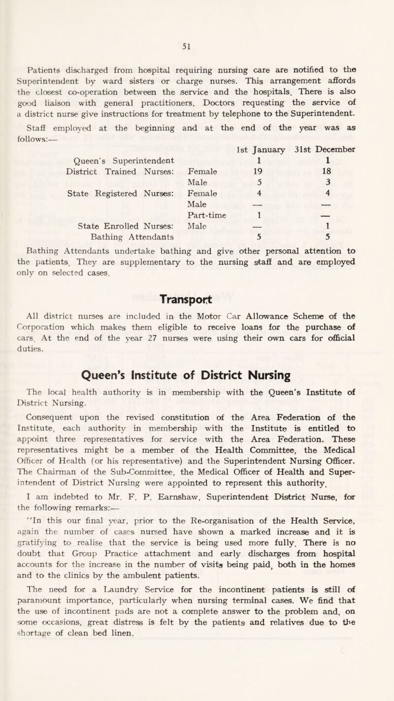 Patients discharged from hospital requiring nursing care are notified to the Superintendent by ward sisters or charge nurses. This arrangement affords the closest co-operation between the service and the hospitals. There is also good liaison with general practitioners. Doctors requesting the service of a district nurse give instructions for treatment by telephone to the Superintendent. Staff employed at the beginning and at the end of the year was as follows:— 1st January 31st December Queen’s Superintendent 1 1 District Trained Nurses: Female 19 18 Male 5 3 State Registered Nurses: Female 4 4 Male — __ Part-time 1 — State Enrolled Nurses: Male — 1 Bathing Attendants 5 5 Bathing Attendants undertake bathing and give other personal attention to the patients. They are supplementary to the nursing staff and are employed only on selected cases. Transport All district nurses are included in the Motor Car Allowance Scheme of the Corporation which makes them eligible to receive loans for the purchase of cars. At the end of the year 27 nurses were using their own cars for official duties. Queen’s Institute of District Nursing The local health authority is in membership with the Queen’s Institute of District Nursing. Consequent upon the revised constitution of the Area Federation of the Institute, each authority in membership with the Institute is entitled to appoint three representatives for service with the Area Federation. These representatives might be a member of the Health Committee, the Medical Officer of Health (or his representative) and the Superintendent Nursing Officer. The Chairman of the Sub-Committee, the Medical Officer of Health and Super¬ intendent of District Nursing were appointed to represent this authority. I am indebted to Mr. F. P. Eamshaw, Superintendent District Nurse, for the following remarks:— In this our final year, prior to the Re-organisation of the Health Service, again the number of cases nursed have shown a marked increase and it is gratifying to realise that the service is being used more fully. There is no doubt that Group Practice attachment and early discharges from hospital accounts for the increase in the number of visits being paid( both in the homes and to the clinics by the ambulent patients. The need for a Laundry Service for the incontinent patients is still of paramount importance, particularly when nursing terminal case®. We find that the use of incontinent pads are not a complete answer to the problem and, on some occasions, great distress is felt by the patients and relatives due to the shortage of clean bed linen.