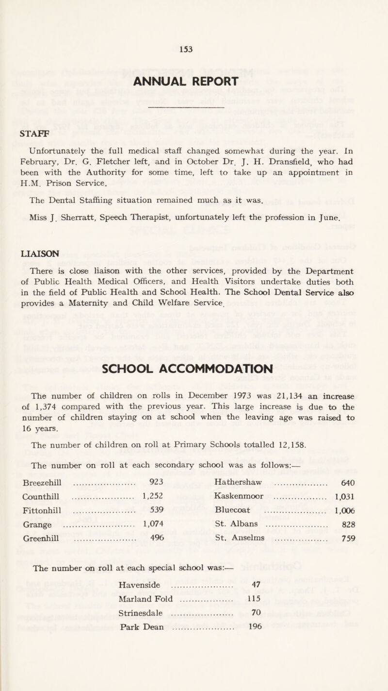 ANNUAL REPORT STAFF Unfortunately the full medical staff changed somewhat during the year. In February, Dr. G. Fletcher left, and in October Dr. J. H. Dransfield, who had been with the Authority for some time, left to take up an appointment in H.M. Prison Service. The Dental Staffiing situation remained much as it was. Miss J. Sherratt, Speech Therapist, unfortunately left the profession in June. LIAISON There is close liaison with the other services, provided by the Department of Public Health Medical Officers, and Health Visitors undertake duties both in the field of P’ublic Health and School Health. The School Dental Service also provides a Maternity and Child Welfare Service, SCHOOL ACCOMMODATION The number of children on rolls in December 1973 was 21,134 an increase of 1,374 compared with the previous year. This large increase is due to the number of children staying on at school when the leaving age was raised to 16 years. The number of children on roll at Primary Schools totalled 12,158. The number on roll at each secondary school was as follows:— Brppzehill . . 923 Hathershaw . . 640 Counthill . . 1,252 Kaskenmoor . . 1,031 Fittrvnhill . . 539 Rluecoat . 1 006 Grange . . 1,074 St. Albans .. . 828 Greenhill . . 496 St. Anselms . . 759 The number on roll at each special school was:— Havenside . 47 Marland Fold . 115 Strinesdale . 70 Park Dean . 196