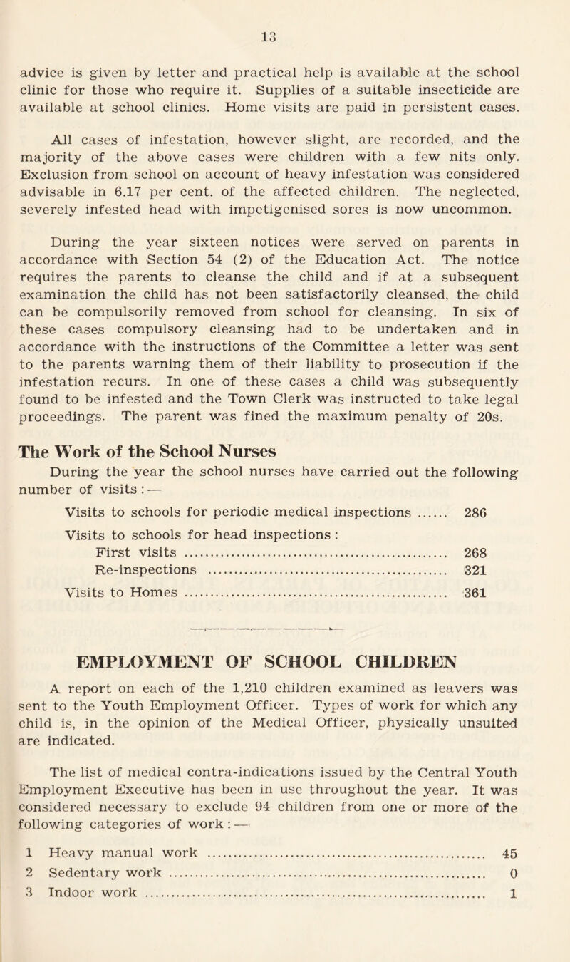 advice is given by letter and practical help is available at the school clinic for those who require it. Supplies of a suitable insecticide are available at school clinics. Home visits are paid in persistent cases. All cases of infestation, however slight, are recorded, and the majority of the above cases were children with a few nits only. Exclusion from school on account of heavy infestation was considered advisable in 6.17 per cent, of the affected children. The neglected, severely infested head with impetigenised sores is now uncommon. During the year sixteen notices were served on parents in accordance with Section 54 (2) of the Education Act. The notice requires the parents to cleanse the child and if at a subsequent examination the child has not been satisfactorily cleansed, the child can be compulsorily removed from school for cleansing. In six of these cases compulsory cleansing had to be undertaken and in accordance with the instructions of the Committee a letter was sent to the parents warning them of their liability to prosecution if the infestation recurs. In one of these cases a child was subsequently found to be infested and the Town Clerk was instructed to take legal proceedings. The parent was fined the maximum penalty of 20s. The Work of the School Nurses During the year the school nurses have carried out the following number of visits: — Visits to schools for periodic medical inspections . 286 Visits to schools for head inspections : First visits . 268 Re-inspections . 321 Visits to Homes . 361 EMPLOYMENT OF SCHOOL CHILDREN A report on each of the 1,210 children examined as leavers was sent to the Youth Employment Officer. Types of work for which any child is, in the opinion of the Medical Officer, physically unsuited are indicated. The list of medical contra-indications issued by the Central Youth Employment Executive has been in use throughout the year. It was considered necessary to exclude 94 children from one or more of the following categories of work: — 1 Heavy manual work . 45 2 Sedentary work . 0 3 Indoor work . 1