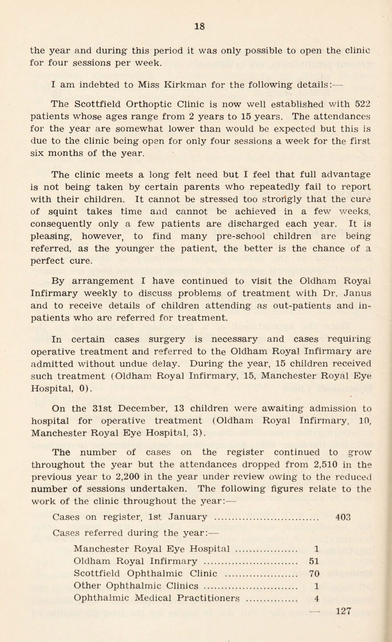 the year and during this period it was only possible to open the clinic for four sessions per week. I am indebted to Miss Kirkman for the following details:-— The Scottfield Orthoptic Clinic is now well established with 522 patients whose ages range from 2 years to 15 years. The attendances for the year are somewhat lower than would be expected but this is due to the clinic being open for only four sessions a week for the first six months of the year. The clinic meets a long felt need but I feel that full advantage is not being taken by certain parents who repeatedly fail to report with their children. It cannot be stressed too strongly that the cure of squint takes time and cannot be achieved in a few weeks, consequently only a few patients are discharged each year. It is pleasing, however, to find many pre-school children are being- referred, as the younger the patient, the better is the chance of a perfect cure. By arrangement I have continued to visit the Oldham Royal Infirmary weekly to discuss problems of treatment with Dr. Janus and to receive details of children attending as out-patients and in¬ patients who are referred for treatment. In certain cases surgery is necessary and cases requiring operative treatment and referred to the Oldham Royal Infirmary are admitted without undue delay. During' the year, 15 children received such treatment (Oldham Royal Infirmary, 15, Manchester Royal Eye Hospital, 0). On the 31st December, 13 children were awaiting admission to hospital for operative treatment (Oldham Royal Infirmary, 10, Manchester Royal Eye Hospital, 3). The number of cases on the register continued to grow throughout the year but the attendances dropped from 2,510 in the previous year to 2,200 in the year under review owing to the reduced number of sessions undertaken. The following figures relate to the work of the clinic throughout the year:-—- Cases on register, 1st January . 403 Cases referred during the year:— Manchester Royal Eye Hospital . 1 Oldham Royal Infirmary . 51 Scottfield Ophthalmic Clinic . 70 Other Ophthalmic Clinics . 1 Ophthalmic Medical Practitioners . 4 127