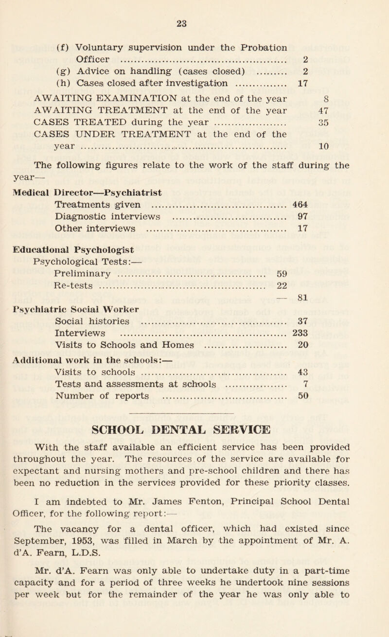 (f) Voluntary supervision under the Probation Officer . 2 (g) Advice on handling (cases closed) . 2 (h) Cases closed after investigation . 17 AWAITING EXAMINATION at the end of the year 8 AWAITING TREATMENT at the end of the year 47 CASES TREATED during the year . 35 CASES UNDER TREATMENT at the end of the year . 10 The following figures relate to the work of the staff during the year— Medical Director—Psychiatrist Treatments given . 464 Diagnostic interviews . 97 Other interviews . 17 Educational Psychologist Psychological Tests:— Preliminary ... 59 Re-tests . 22 — 81 Psychiatric Social Worker Social histories . 37 Interviews . 233 Visits to Schools and Homes . 20 Additional work in the schools:— Visits to schools . 43 Tests and assessments at schools . 7 Number of reports . 50 SCHOOL DENTAL SERVICE With the staff available an efficient service has been provided throughout the year. The resources of the service are available for expectant and nursing mothers and pre-school children and there has been no reduction in the services provided for these priority classes. I am indebted to Mr. James Fenton, Principal School Dental Officer, for the following report:— The vacancy for a dental officer, which had existed since September, 1953, was filled in March by the appointment of Mr. A. d’A. Fearn, L.D.S. Mr. d’A. Fearn was only able to undertake duty in a part-time capacity and for a period of three weeks he undertook nine sessions per week but for the remainder of the year he was only able to
