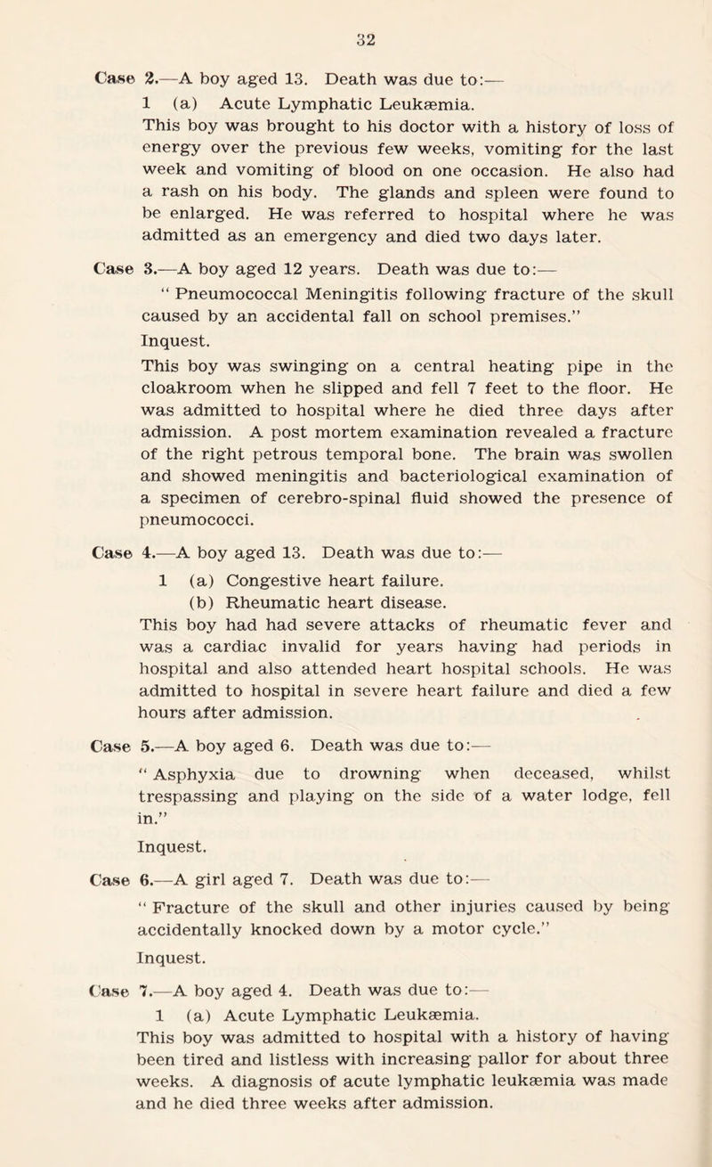 Case 2.—A boy aged 13. Death was due to:— 1 (a) Acute Lymphatic Leukaemia. This boy was brought to his doctor with a history of loss of energy over the previous few weeks, vomiting for the last week and vomiting of blood on one occasion. He also had a rash on his body. The glands and spleen were found to be enlarged. He was referred to hospital where he was admitted as an emergency and died two days later. Case 3.—A boy aged 12 years. Death was due to:— “ Pneumococcal Meningitis following fracture of the skull caused by an accidental fall on school premises.” Inquest. This boy was swinging on a central heating pipe in the cloakroom when he slipped and fell 7 feet to the floor. He was admitted to hospital where he died three days after admission. A post mortem examination revealed a fracture of the right petrous temporal bone. The brain was swollen and showed meningitis and bacteriological examination of a specimen of cerebro-spinal fluid showed the presence of pneumococci. Case 4.—A boy aged 13. Death was due to:— 1 (a) Congestive heart failure. (b) Rheumatic heart disease. This boy had had severe attacks of rheumatic fever and was a cardiac invalid for years having had periods in hospital and also attended heart hospital schools. He was admitted to hospital in severe heart failure and died a few hours after admission. Case 5.—A boy aged 6. Death was due to:— “ Asphyxia due to drowning when deceased, whilst trespassing and playing on the side of a water lodge, fell in.” Inquest. Case 6.—A girl aged 7. Death was due to:— “ Fracture of the skull and other injuries caused by being accidentally knocked down by a motor cycle.” Inquest. Case 7.—A boy aged 4. Death was due to:— 1 (a) Acute Lymphatic Leukaemia. This boy was admitted to hospital with a history of having been tired and listless with increasing pallor for about three weeks. A diagnosis of acute lymphatic leukaemia was made and he died three weeks after admission.