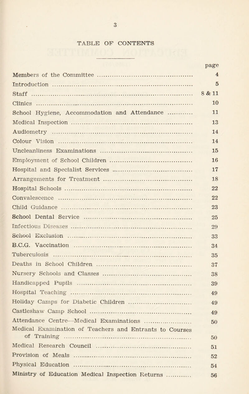 TABLE OF CONTENTS Members of the Committee . Introduction . Staff . Clinics ... School Hygiene, Accommodation and Attendance . Medical Inspection . Audiometry ... Colour Vision . Uncleanliness Examinations . Employment of School Children .... Hospital and Specialist Services . Arrangements for Treatment . Hospital Schools . Convalescence . Child Guidance . School Dental Service ... Infectious Diseases ....... School Exclusion ..... B.C.G. Vaccination . Tuberculosis . Deaths in School Children . Nursery Schools and Classes . Handicapped Pupils . Hospital Teaching . Holiday Camps for Diabetic Children . Castleshaw Camp School . Attendance Centre—Medical Examinations . Medical Examination of Teachers and Entrants to Courses of Training . Medical Research Council . Provision of Meals . Physical Education . Ministry of Education Medical Inspection Returns . page 4 5 8 & 11 10 11 13 14 14 15 16 17 18 22 22 23 25 29 33 34 35 37 38 39 49 49 49 50 50 51 52 54 56