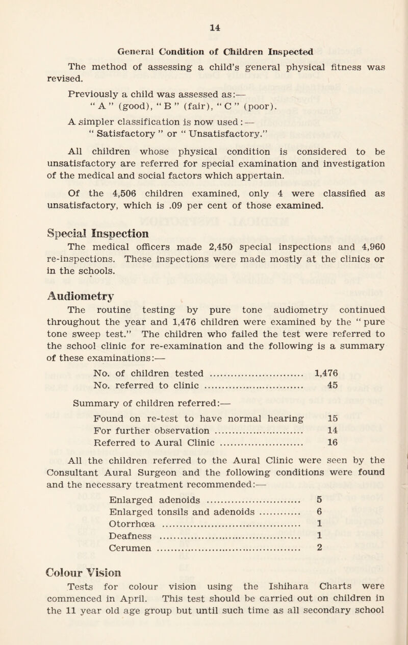 Genera! Condition of Children Inspected The method of assessing a child’s general physical fitness was revised. Previously a child was assessed as:— “ A ” (good), “ B ” (fair), “ C ” (poor). A simpler classification is now used : — “ Satisfactory ” or “ Unsatisfactory.” All children whose physical condition is considered to be unsatisfactory are referred for special examination and investigation of the medical and social factors which appertain. Of the 4,506 children examined, only 4 were classified as unsatisfactory, which is .09 per cent of those examined. Special Inspection The medical officers made 2,450 special inspections and 4,960 re-inspections. These inspections were made mostly at the clinics or in the schools. Audiometry The routine testing by pure tone audiometry continued throughout the year and 1,476 children were examined by the “pure tone sweep test.” The children who failed the test were referred to the school clinic for re-examination and the following is a summary of these examinations:— No. of children tested . 1,476 No. referred to clinic ... 45 Summary of children referred:— Found on re-test to have normal hearing 15 For further observation . 14 Referred to Aural Clinic . 16 All the children referred to the Aural Clinic were seen by the Consultant Aural Surgeon and the following conditions were found and the necessary treatment recommended:— Enlarged adenoids . 5 Enlarged tonsils and adenoids . 6 Otorrhoea ... 1 Deafness . 1 Cerumen . 2 Colour Vision Tests for colour vision using the Ishihara Charts were commenced in April. This test should be carried out on children in the 11 year old age group but until such time as all secondary school