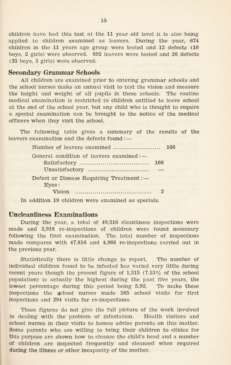 children have had this test at the 11 year old level it is also being applied to children examined as leavers. During the year, 674 children in the 11 years age group were tested and 12 defects (10 boys, 2 girls) were observed. 692 leavers were tested and 26 defects (23 boys, 3 girls) were observed. Secondary Grammar Schools All children are examined prior to entering grammar schools and the school nurses make an annual visit to test the vision and measure the height and weight of all pupils in these schools. The routine medical examination is restricted to children entitled to leave school at the end of the school year, but any child who is thought to require a special examination can be brought to the notice of the medical officers when they visit the school. The following table gives a summary of the results of the leavers examination and the defects found : — Number of leavers examined .. 166 General condition of leavers examined: — Satisfactory . 166 Unsatisfactory . —i Defect or Disease Requiring Treatment: — Eyes: Vision . 2 In addition 19 children were examined as specials. Uncleanliness Examinations During the year, a total of 49,316 cleanliness inspections were made and 3,918 re-inspections of children were found necessary following the first examination. The total number of inspections made compares with 47,816 and 4,966 re-inspections carried out in the previous year. Statistically there is little change to report. The number of individual children found to be infested has varied very little during recent years though the present figure of 1,315 (7.13% of the school population) is actually the highest during the past five years, the lowest percentage during this period being 5.92. To make these inspections the School nurses made 285 school visits for first inspections and 294 visits for re-inspections. These figures do not give the full picture of the work involved in dealing with the problem of infestation. Health visitors and school nurses in their visits to homes advise parents on this matter. Some parents who are willing to bring their children to clinics for this purpose are shown how to cleanse the child’s head and a number of children are inspected frequently and cleansed when required during the illness or other incapacity of the mother.
