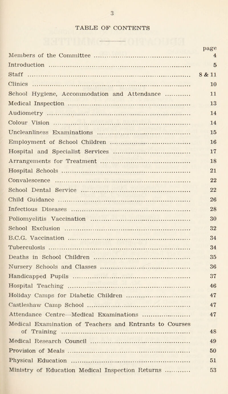 TABLE OF CONTENTS page Members of the Committee . 4 Introduction . 5 Staff . 8 & 11 Clinics . 10 School Hygiene, Accommodation and Attendance . 11 Medical Inspection . 13 Audiometry . 14 Colour Vision . 14 Uncleanliness Examinations . 15 Employment of School Children . 16 Hospital and Specialist Services . 17 Arrangements for Treatment . 18 Hospital Schools . 21 Convalescence . 22 School Dental Service . 22 Child Guidance . 26 Infectious Diseases . 28 Poliomyelitis Vaccination . 30 School Exclusion . 32 B.C.G. Vaccination . 34 Tuberculosis . 34 Deaths in School Children . 35 Nursery Schools and Classes . 36 Handicapped Pupils . 37 Hospital Teaching . 46 Holiday Camps for Diabetic Children . 47 Castleshaw Camp School . 47 Attendance Centre—Medical Examinations . 47 Medical Examination of Teachers and Entrants to Courses of Training . 48 Medical Research Council . 49 Provision of Meals . 50 Physical Education . 51 Ministry of Education Medical Inspection Returns . 53