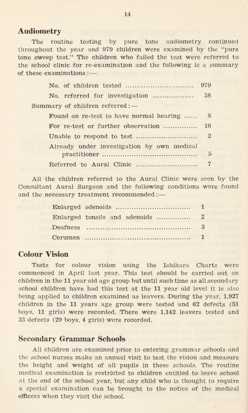 Audiometry The routine testing by pure tone audiometry continued throughout the year and 979 children were examined by the “pure tone sweep test.” The children who failed the test were referred to the school clinic for re-examination and the following is a summary of these examinations : — No. of children tested . 979 No. referred for investigation . 38 Summary of children referred: — Found on re-test to have normal hearing . 8 Fdr re-test or further observation . 16 Unable to respond to test ..... 2 Already under investigation by own medical practitioner . 5 Referred to Aural Clinic . 7 All the children referred to the Aural Clinic were seen by the Consultant Aural Surgeon and the following conditions were found and the necessary treatment recommended:— Enlarged adenoids .. 1 Enlarged tonsils and adenoids . 2 Deafness . 3 Cerumen . 1 Colour Vision Tests for colour vision using the Ishihara Charts were commenced in April last year. This test should be carried out on children in the 11 year old age group but until such time as all secondary school children have had this test at the 11 year old level it is also being applied to children examined as leavers. During the year, 1,927 children in the 11 years age group were tested and 62 defects (51 boys, 11 girls) were recorded. There were 1,142 leavers tested and 33 defects (29 boys, 4 girls) were recorded. Secondary Grammar Schools All children are examined prior to entering grammar schools and the school nurses make an annual visit to test the vision and measure the height and weight of all pupils in these schools. The routine medical examination is restricted to children entitled to leave school at the end of the school year, but any child who is thought to require a special examination can be brought to the notice of the medical officers when they visit the school.