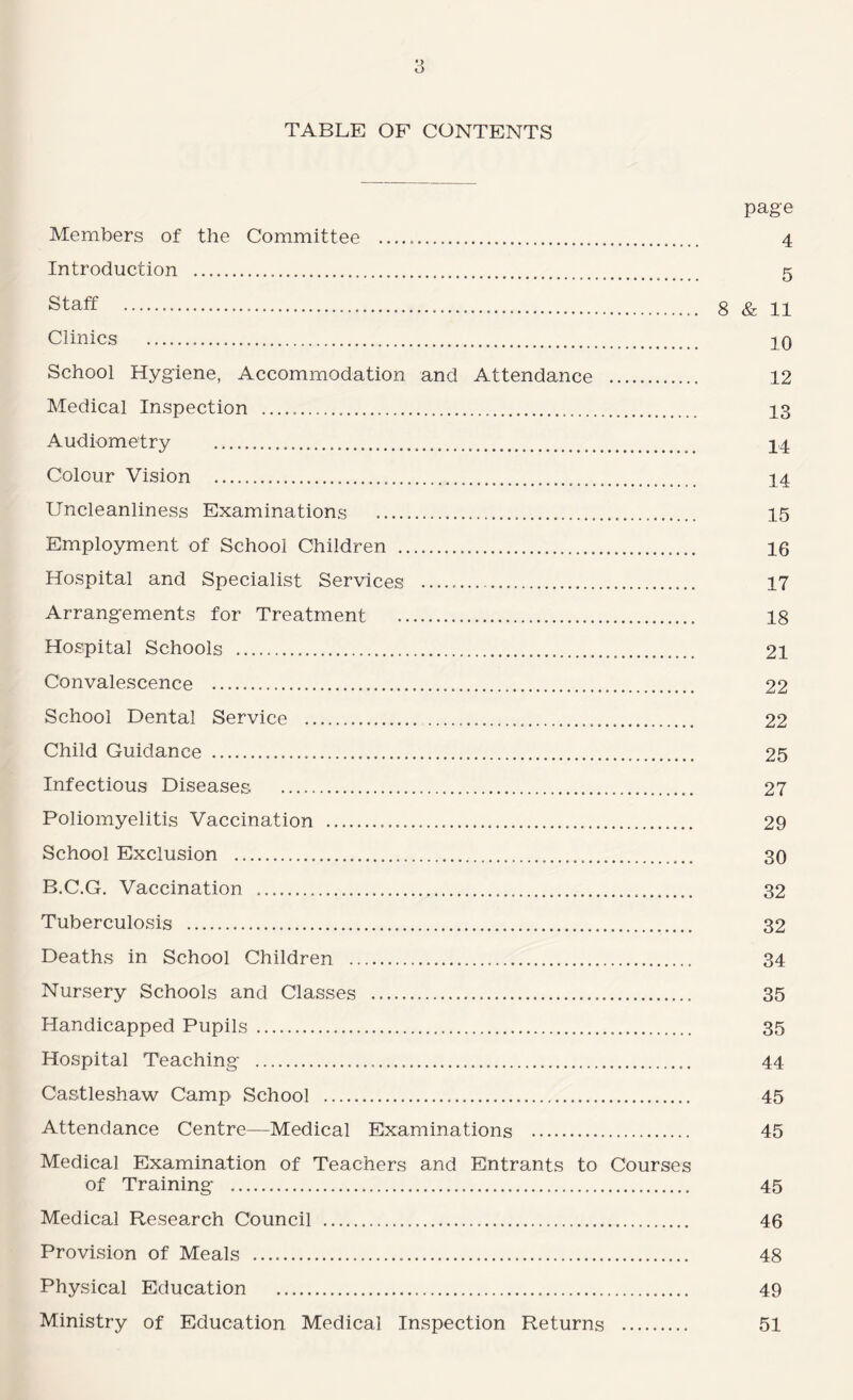 TABLE OF CONTENTS page Members of the Committee . 4 Introduction . 5 Staff ... 8 & II Clinics . 10 School Hygiene, Accommodation and Attendance . 12 Medical Inspection . 13 Audiometry . 14 Colour Vision . 14 Uncleanliness Examinations . 15 Employment of School Children . 16 Hospital and Specialist Services . 17 Arrangements for Treatment . 18 Hospital Schools . 21 Convalescence . 22 School Dental Service .... 22 Child Guidance . 25 Infectious Diseases ... 27 Poliomyelitis Vaccination . 29 School Exclusion ... 30 B.C.G. Vaccination ... 32 Tuberculosis . 32 Deaths in School Children . 34 Nursery Schools and Classes . 35 Handicapped Pupils . 35 Hospital Teaching ... 44 Castleshaw Camp School . 45 Attendance Centre—Medical Examinations . 45 Medical Examination of Teachers and Entrants to Courses of Training . 45 Medical Research Council . 46 Provision of Meals . 48 Physical Education . 49 Ministry of Education Medical Inspection Returns . 51
