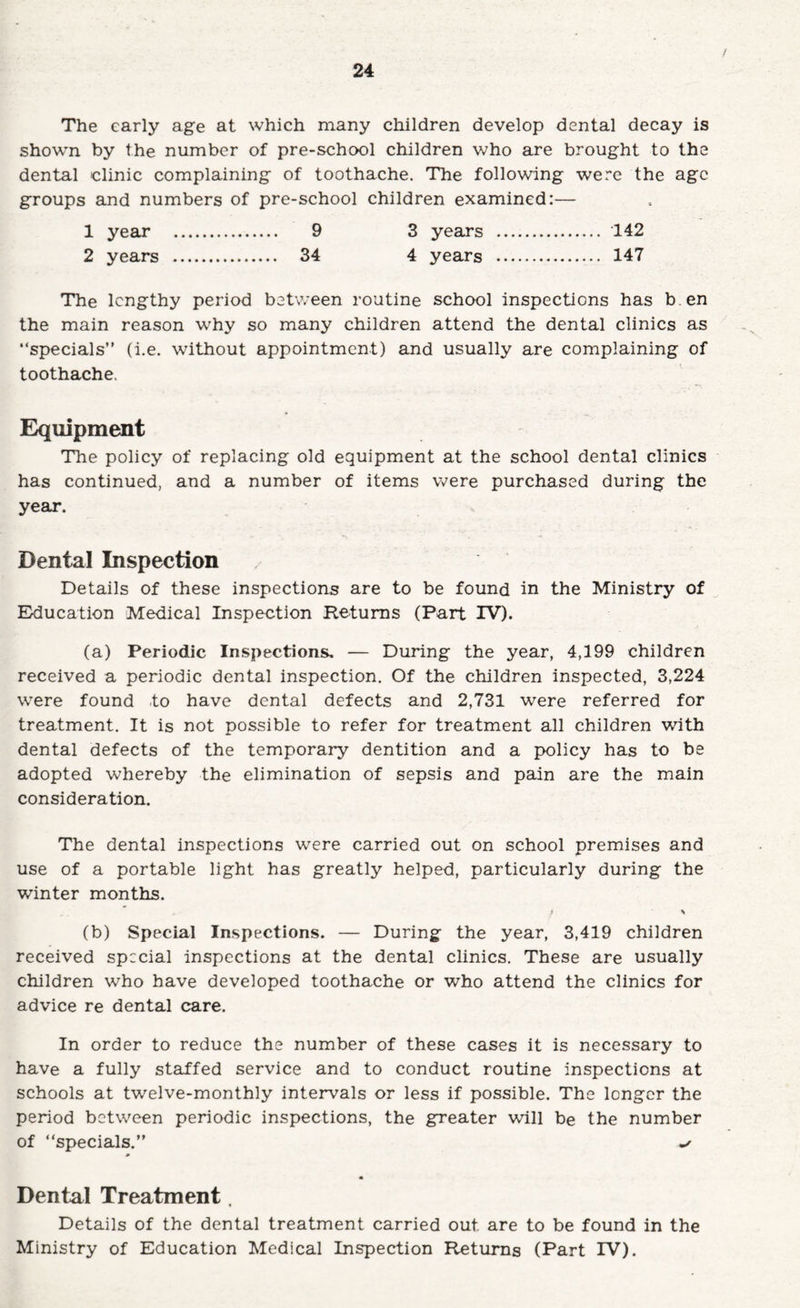 The early age at which many children develop dental decay is shown by the number of pre-schcx)l children who are brought to the dental clinic complaining of toothache. The following were the age groups and numbers of pre-school children examined:— 1 year . 9 3 years . 142 2 years . 34 4 years . 147 The lengthy period between routine school inspections has b en the main reason why so many children attend the dental clinics as “specials” (i.e. without appointment) and usually are complaining of toothache. Equipment The policy of replacing old equipment at the school dental clinics has continued, and a number of items were purchased during the year. Dental Inspection Details of these inspections are to be found in the Ministry of Education Medical Inspection Returns (Part IV). (a) Periodic Inspections, — During the year, 4,199 children received a periodic dental inspection. Of the children inspected, 3,224 were found to have dental defects and 2,731 were referred for treatment. It is not possible to refer for treatment all children with dental defects of the temporary dentition and a policy has to be adopted whereby the elimination of sepsis and pain are the main consideration. The dental inspections were carried out on school premises and use of a portable light has greatly helped, particularly during the winter months. > \ (b) Special Inspections. — During the year, 3,419 children received special inspections at the dental clinics. These are usually children who have developed toothache or who attend the clinics for advice re dental care. In order to reduce the number of these cases it is necessary to have a fully staffed service and to conduct routine inspections at schools at twelve-monthly intervals or less if possible. The longer the period between periodic inspections, the greater will be the number of “specials.” Dental Treatment. Details of the dental treatment carried out are to be found in the Ministry of Education Medical Inspection Returns (Part IV).