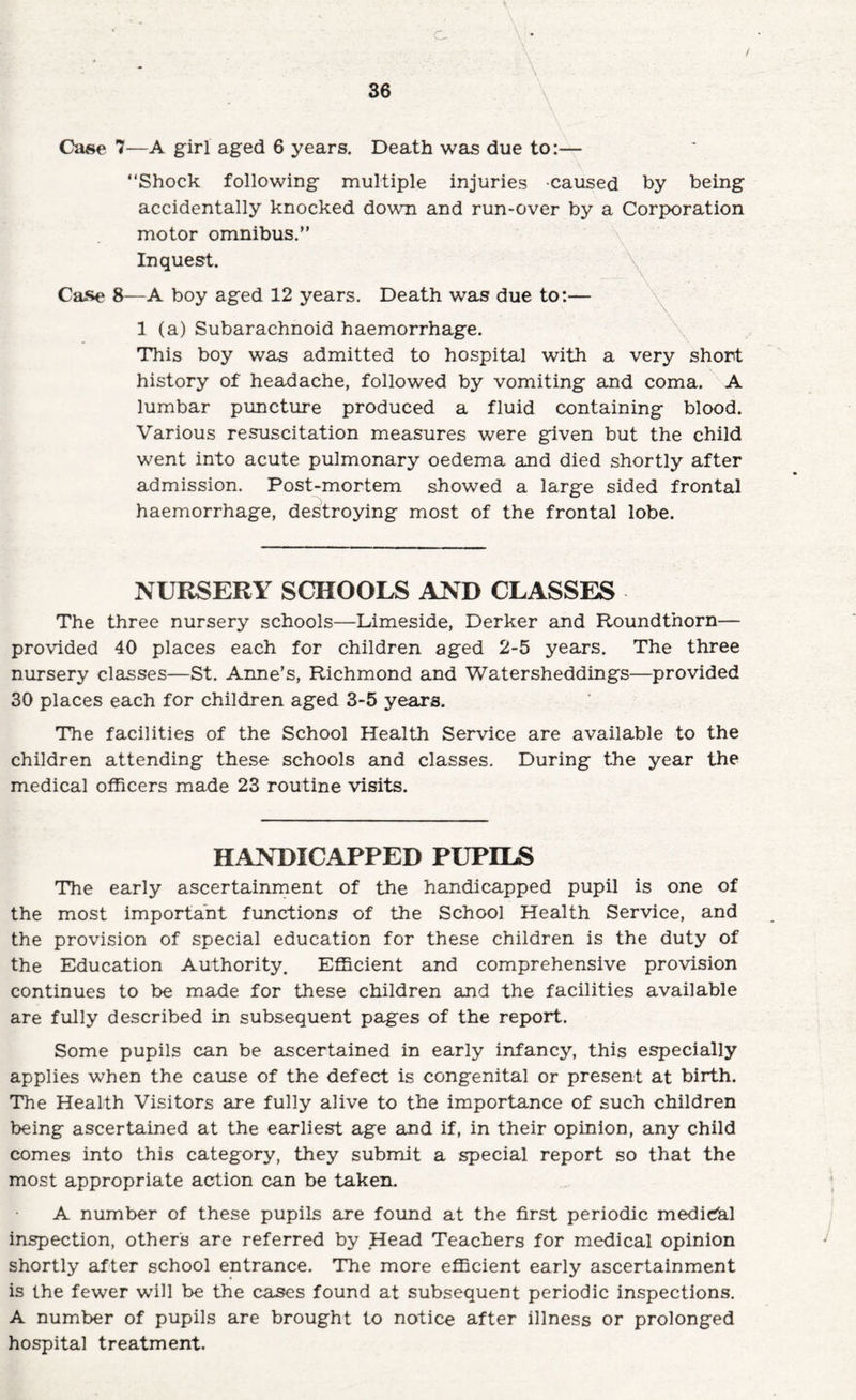 o 36 Case 7—A girl aged 6 years. Death was due to:— “Shock following multiple injuries caused by being accidentally knocked down and run-over by a Corporation motor omnibus.” Inquest. \ \ Case 8—A boy aged 12 years. Death was due to:— 1 (a) Subarachnoid haemorrhage. This boy was admitted to hospital with a very short history of headache, followed by vomiting and coma. A lumbar puncture produced a fluid containing blood. Various resuscitation measures were given but the child went into acute pulmonary oedema and died shortly after admission. Post-mortem showed a large sided frontal haemorrhage, destroying most of the frontal lobe. NURSERY SCHOOLS AND CLASSES The three nursery schools—Limeside, Derker and Roundthorn— provided 40 places each for children aged 2-5 years. The three nursery classes—St. Anne’s, Richmond and Watersheddings—provided 30 places each for children aged 3-5 years. The facilities of the School Health Service are available to the children attending these schools and classes. During the year the medical officers made 23 routine visits. HANDICAPPED PUPILS The early ascertainment of the handicapped pupil is one of the most important functions of the School Health Service, and the provision of special education for these children is the duty of the Education Authority. Efficient and comprehensive provision continues to be made for these children and the facilities available are fully described in subsequent pages of the report. Some pupils can be ascertained in early infancy, this especially applies when the cause of the defect is congenital or present at birth. The Health Visitors are fully alive to the importance of such children being ascertained at the earliest age and if, in their opinion, any child comes into this category, they submit a special report so that the most appropriate action can be taken. A number of these pupils are found at the first periodic medickl inspection, others are referred by Head Teachers for medical opinion shortly after school entrance. The more efficient early ascertainment is the fewer will be the cases found at subsequent periodic inspections. A number of pupils are brought to notice after illness or prolonged hospital treatment.