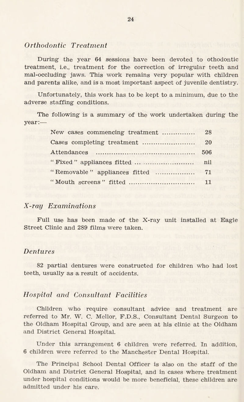 Orthodontic Treatment During the year 64 sessions have been devoted to othodontic treatment, i.e., treatment for the correction of irregular teeth and mal-occluding jaws. This work remains very popular with children and parents alike, and is a most important aspect of juvenile dentistry. Unfortunately, this work has to be kept to a minimum, due to the adverse staffing conditions. The following is a summary of the work undertaken during the year:— New cases commencing treatment . 28 Cases completing treatment . 20 Attendances . 506 “Fixed” appliances fitted .. nil “ Removable ” appliances fitted . 71 “ Mouth screens ” fitted . 11 X-ray Examinations Full use has been made of the X-ray unit installed at Eagle Street Clinic and 289 films were taken. Dentures 82 partial dentures were constructed for children who had lost teeth, usually as a result of accidents. Hospital and Consultant Facilities Children who require iconsultant advice and treatment are referred to Mr. W, C. Mellor, F.D.S., Consultant Dental Surgeon to the Oldham Hospital Group, and are seen at his clinic at the Oldham and District General Hospital. Under this arrangement 6 children were referred. In addition, 6 children were referred to the Manchester Dental Hospital. The Principal School Dental Officer is also on the staff of the Oldham and District General Hospital, and in cases where treatment under hospital conditions would be more beneficial, these children are admitted under his care.