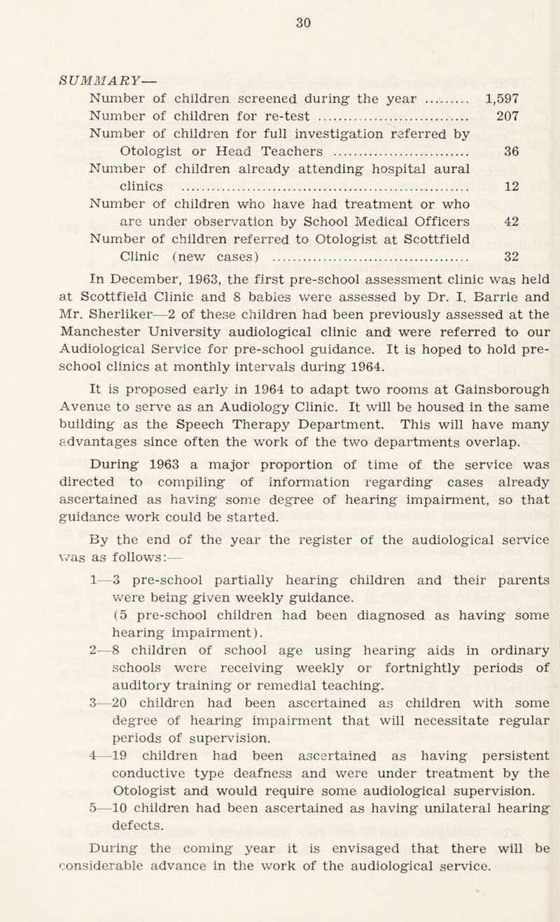 SUMMARY— Number of children screened during: the year . 1,597 Number of children for re-test ... 207 Number of children for full investig'ation referred by Otologist or Head Teachers . 36 Number of children already attending hospital aural clinics . 12 Number of children who have had treatment or who are under observation by School Medical Officers 42 Number of children referred to Otologist at Scottfield Clinic (new cases) . 32 In December, 1963, the first pre-school assessment clinic was held at Scottfield Clinic and 8 babies were assessed by Dr. I, Barrie and Mr. Sherliker—2 of these children had been previously assessed at the Manchester University audiological clinic and' were referred to our Audiological Service for pre-school guidance. It is hoped to hold pre¬ school clinics at monthly intervals during 1964. It is proposed early in 1964 to adapt two rooms at Gainsborough Avenue to serve as an Audiology Clinic. It will be housed in the same building as the Speech Therapy Department. This will have many advantages since often the work of the two departments overlap. During 1963 a major proportion of time of the service was directed to compiling of information regarding cases already ascertained as having some degree of hearing impairment, so that guidance work could be started. By the end of the year the register of the audiological service was as follows:— 1— 3 pre-school partially hearing children and their parents were being given weekly guidance. (5 pre-school children had been diagnosed as having some hearing impairment). 2— 8 children of school age using hearing aids in ordinary schools were receiving weekly or fortnightly periods of auditory training or remedial teaching. 3— 20 children had been ascertained as children with some degree of hearing impairment that will necessitate regular periods of supervision. 4— 19 children had been ascertained as having persistent conductive type deafness and were under treatment by the Otologist and would require some audiological supervision. 5— 10 children had been ascertained as having unilateral hearing defects. During the coming year it is envisaged that there will be considerable advance in the work of the audiological service.