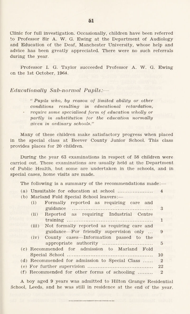 Clinic for full investigation. Occasionally, children have been referred to Professor Sir A. W. G. Ewing at the Department of Audiology and Education of the Deaf, Manchester University, whose help and advice has been greatly appreciated. There were no such referrals during the year. Professor I. G. Taylor succeeded Professor A. W. G. Ewing on the 1st October, 1964, Educationally Sub-normal Pupils:— “ Pupils who, by reason of limited ability or other conditions resulting in educational retardation, • require some specialised form of education wholly or partly in substitution for the education normally given in ordinary schools.” Many of these children make satisfactory progress when placed in the special class at Beever County Junior School. This class provides places for 20 children. During the year 63 examinations in respect of 58 children were carried out. These examinations are usually held at the Department of Public Health, but some are undertaken in the schools, and in special cases, home visits are made. The following is a summary of the recommendations made:— (a) Unsuitable for education at school . 4 (b) Marland Fold Special School leavers:— (i) Formally reported as requiring care and guidance . 3 (ii) Reported as requiring Industrial Centre training . 1 (iii) Not formally reported as requiring care and guidance—For friendly supervision only ... 9 (iv) County cases—Information passed to the appropriate authority . 5 (c) Recommended for admission to Marland Fold Special School .. 10 (d) Recommended for admission to Special Class . 2 (e) For further supervision . 22 (f) Recommended for other forms of schooling . 2 A boy aged 9 years was admitted to Hilton Grange Residential School, Leeds, and he was still in residence at the end of the year.