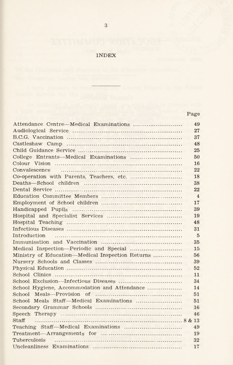 INDEX Page Attendance Centre—Medical Examinations . 49 Audiological Service . 27 B.C.G. Vaccination . 37 Castleshaw Camp . 48 Child Guidance Service . 25 College Entrants—Medical Examinations . 50 Colour Vision . 16 Convalescence . 22 Co-operation with Parents, Teachers, etc. 18 Deaths—School children . 38 Dental Service . 22 Education Committee Members . 4 Employment of School children . 17 Handicapped Pupils . 39 Hospital and Specialist Services . 19 Hospital Teaching . 48 Infectious Diseases . 31 Introduction . 5 Immunisation and Vaccination . 35 Medical Inspection—Periodic and Special . 15 Ministry of Education—Medical Inspection Returns . 56 Nursery Schools and Classes . 39 Physical Education . 52 School Clinics . 11 School Exclusion—Infectious Diseases . 34 School Hygiene, Accommodation and Attendance . 14 School Meals—Provision of . 51 School Meals Staff—Medical Examinations . 51 Secondary Grammar Schools . 16 Speech Therapy . 46 Staff .8 & 13 Teaching Staff—Medical Examinations . 49 Treatment—Arrangements for ... . 19 Tuberculosis . 32 Uncleanliness Examinations . 17