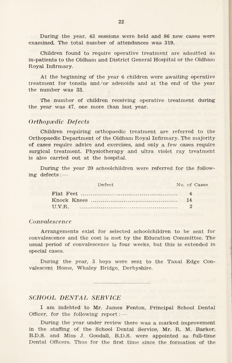 During the year, 43 sessions were held and 86 new cases were examined. The total number of attendances was 319. Children found to require operative treatment are admitted as in-patients to the Oldham and District General Hospital or the Oldham Royal Infirmary. At the beginning of the year 6 children were awaiting operative treatment for tonsils and/or adenoids and at the end of the year the number was 33. The number of children receiving operative treatment during the year was 47, one more than last year. Orthopaedic Defects Children requiring orthopaedic treatment are referred to' the Orthopaedic Department of the Oldham Royal Infirmary. The majority of cases require advice and exercises, and only a few cases require surgical treatment. Physiotherapy and ultra violet ray treatment is also carried out at the hospital. During the year 20 schoolchildren were referred for the follow¬ ing defects: — Defect No. of Cases Flat Feet . 4 Knock Knees . 14 U.V.R. 2 Convalescence Arrangements exist for selected schoolchildren to be sent for convalescence and the cost is met by the Education Committee. The usual period of convalescence is four weeks, but this is extended in special cases. During the year, 3 boys were sent to the Taxal Edge Con¬ valescent Home, Whaley Bridge, Derbyshire. SCHOOL DENTAL SERVICE I am indebted to Mr. James Fenton, Principal School Dental Officer, for the following report: — During the year under review there was a marked improvement in the staffing of the School Dental Service, Mr. R. M. Barker, B.D.S. and Miss J. Goodall, B.D.S. were appointed as full-time Dental Officers. Thus for the first time since the formation of the