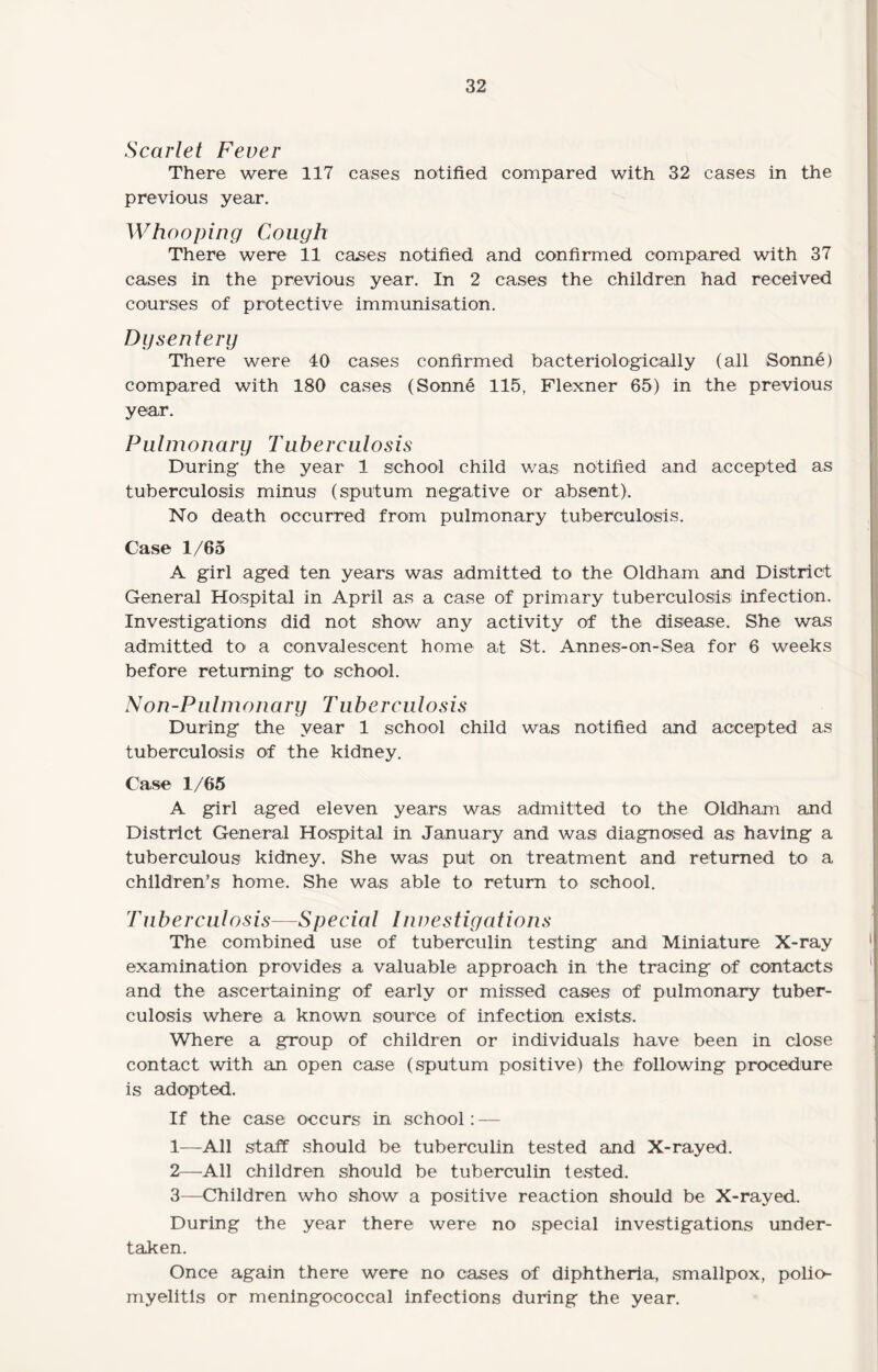 Scarlet Fever There were 117 cases notified compared with 32 cases in the previous year. Whooping Cough There were 11 cases notified and confirmed compared with 37 cases in the previous year. In 2 cases the children had received courses of protective immunisation. Dysentery There were 40 cases confirmed bacteriologically (all Sonne) compared with 180 cases (Sonne 115, Flexner 65) in the previous year. Pulmonary Tuberculosis During the year 1 school child was notified and accepted as tuberculosis minus (sputum negative or absent). No death occurred from pulmonary tuberculosis. Case 1/65 A girl aged ten years was admitted to the Oldham and District General Hospital in April as a case of primary tuberculosis infection. Investigations did not show any activity of the disease. She was admitted to a convalescent home at St. Ann es-on-Sea for 6 weeks before returning to school. Non-Pulmonary Tuberculosis During the year 1 school child was notified and accepted as tuberculosis of the kidney. Case 1/65 A girl aged eleven years was admitted to the Oldham and District General Hospital in January and was diagnosed as having a tuberculous kidney. She was put on treatment and returned to a children’s home. She was able to return to school. Tuberculosis—Special Investigations The combined use of tuberculin testing and Miniature X-ray examination provides a valuable approach in the tracing of contacts and the ascertaining of early or missed cases of pulmonary tuber¬ culosis where a known source of infection exists. Where a group of children or individuals have been in close contact with an open case (sputum positive) the following procedure is adopted. If the case occurs in school: — 1— All staff should be tuberculin tested and X-rayed. 2— All children should be tuberculin tested. 3— Children who show a positive reaction should be X-rayed. During the year there were no special investigations under¬ taken. Once again there were no cases of diphtheria, smallpox, polio¬ myelitis or meningococcal infections during the year.