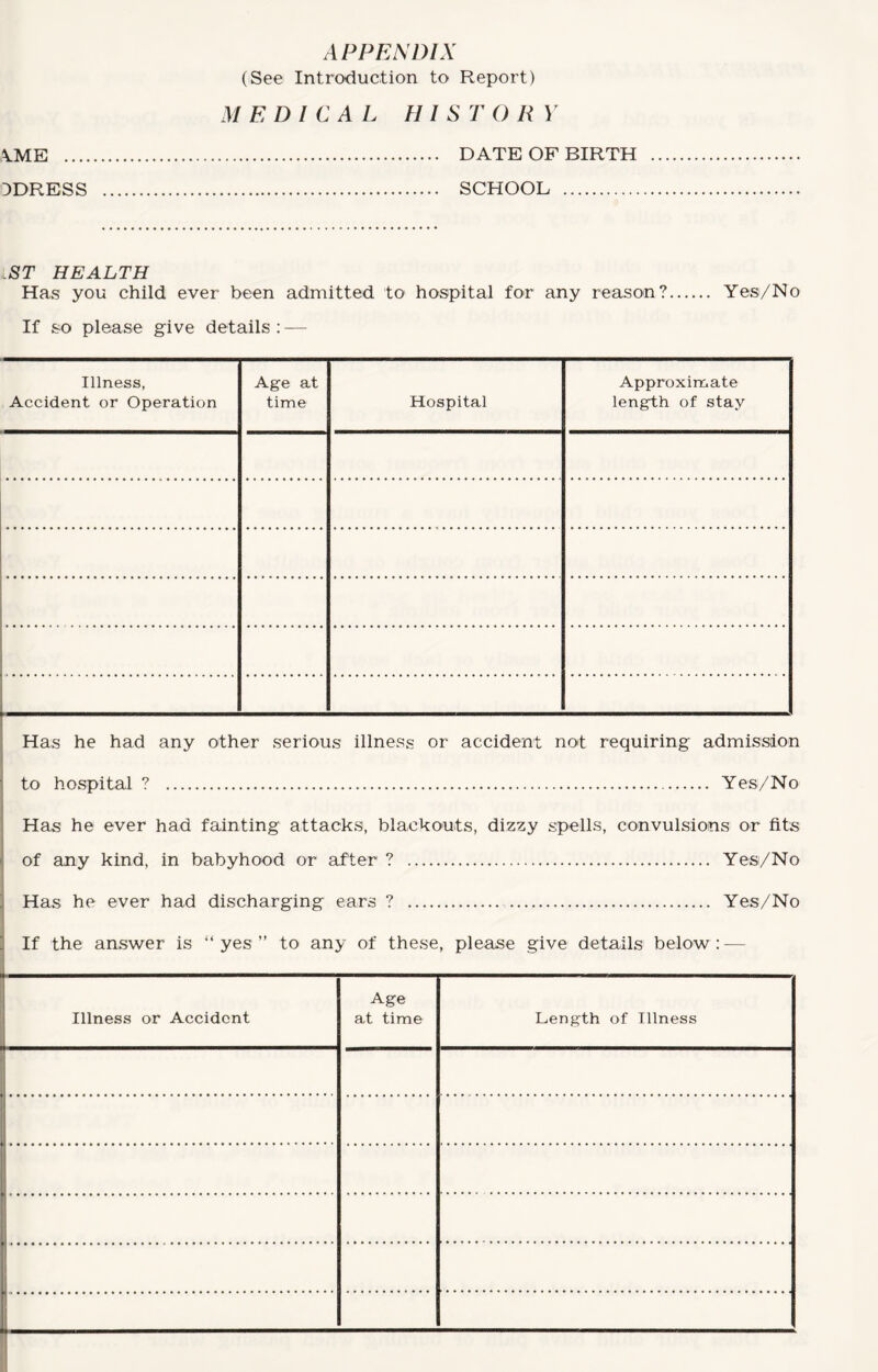 APPENDIX (See Introduction to Report) M E D I CAL HIS T () Ii Y VME . DATE OF BIRTH DDRESS . SCHOOL . ST HEALTH Has you child ever been admitted to hospital for any reason?. Yes/No If so please give details : — Illness, Accident or Operation Age at time Hospital Approximate length of stay Has he had any other serious illness or accident not requiring admission to hospital ? . Yes/No Has he ever had fainting attacks, blackouts, dizzy spells, convulsions or fits of any kind, in babyhood or after ? . Yes/No Has he ever had discharging ears ? . Yes/No If the answer is “yes” to any of these, please give details below: — Illness or Accident Age at time Length of Illness