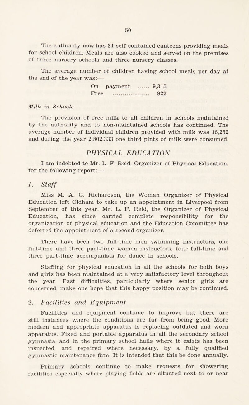 The authority now has 34 self contained canteens providing meals for school children. Meals are also cooked and served on the premises of three nursery schools and three nursery classes. The average number of children having school meals per day at the end of the year was:— On payment . 9,315 Free . 922 Milk in Schools The provision of free milk to all children in schools maintained by the authority and to non-maintained schools has continued. The average number of individual children provided with milk was 16,252 and during the year 2,802,333 one third pints of milk were consumed. PHYSICAL EDUCATION I am indebted to Mr. L. F. Reid, Organizer of Physical Education, for the following report:— 7. Staff Miss M. A. G. Richardson, the Woman Organizer of Physical Education left Oldham to take up an appointment in Liverpool from September of this year. Mr. L. F. Reid, the Organizer of Physical Education, has since carried complete responsibility for the organization of physical education and the Education Committee has deferred the appointment of a second organizer. There have been two full-time men swimming instructors, one full-time and three part-time women instructors, four full-time and three part-time accompanists for dance in schools. Staffing for physical education in all the schools for both boys and girls has been maintained at a very satisfactory level throughout the year. Past difficulties, particularly where senior girls are concerned, make one hope that this happy position may be continued. 2. Facilities and Equipment Facilities and equipment continue to improve but there are still instances where the conditions are far from being good. More modern and appropriate apparatus is replacing outdated and worn apparatus. Fixed and portable apparatus in all the secondary school gymnasia and in the primary school halls where it exists has been inspected, and repaired where necessary, by a fully qualified gymnastic maintenance firm. It is intended that this be done annually. Primary schools continue to make requests for showering facilities especially where playing fields are situated next to or near