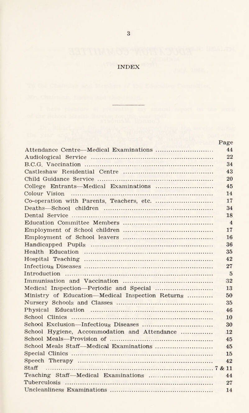 INDEX Page Attendance Centre—Medical Examinations . 44 Audiological Service . 22 B.C.G. Vaccination . 34 Castleshaw Residential Centre . 43 Child Guidance Service . 20 College Entrants—Medical Examinations . 45 Colour Vision . 14 Co-operation with Parents, Teachers, etc. 17 Deaths—School children . 34 Dental Service . 18 Education Committee Members . 4 Employment of School children . 17 Employment of School leavers . 16 Handicapped Pupils . 36 Health Education . 35 Hospital Teaching . 42 Infectious Diseases . 27 Introduction . 5 Immunisation and Vaccination . 132 Medical Inspection—Periodic and Special . 13 Ministry of Education—Medical Inspection Returns . 50 Nursery Schools and Classes . 35 Physical Education . 46 School Clinics . 10 School Exclusion—Infectious Diseases . 30 School Hygiene, Accommodation and Attendance . 12 School Meals—Provision of . 45 School Meals Staff—Medical Examinations . 45 Special Clinics . 15 Speech Therapy . 42 Staff .7 & 11 Teaching Staff—Medical Examinations . 44 Tuberculosis . 27 Uncleanliness Examinations . 14