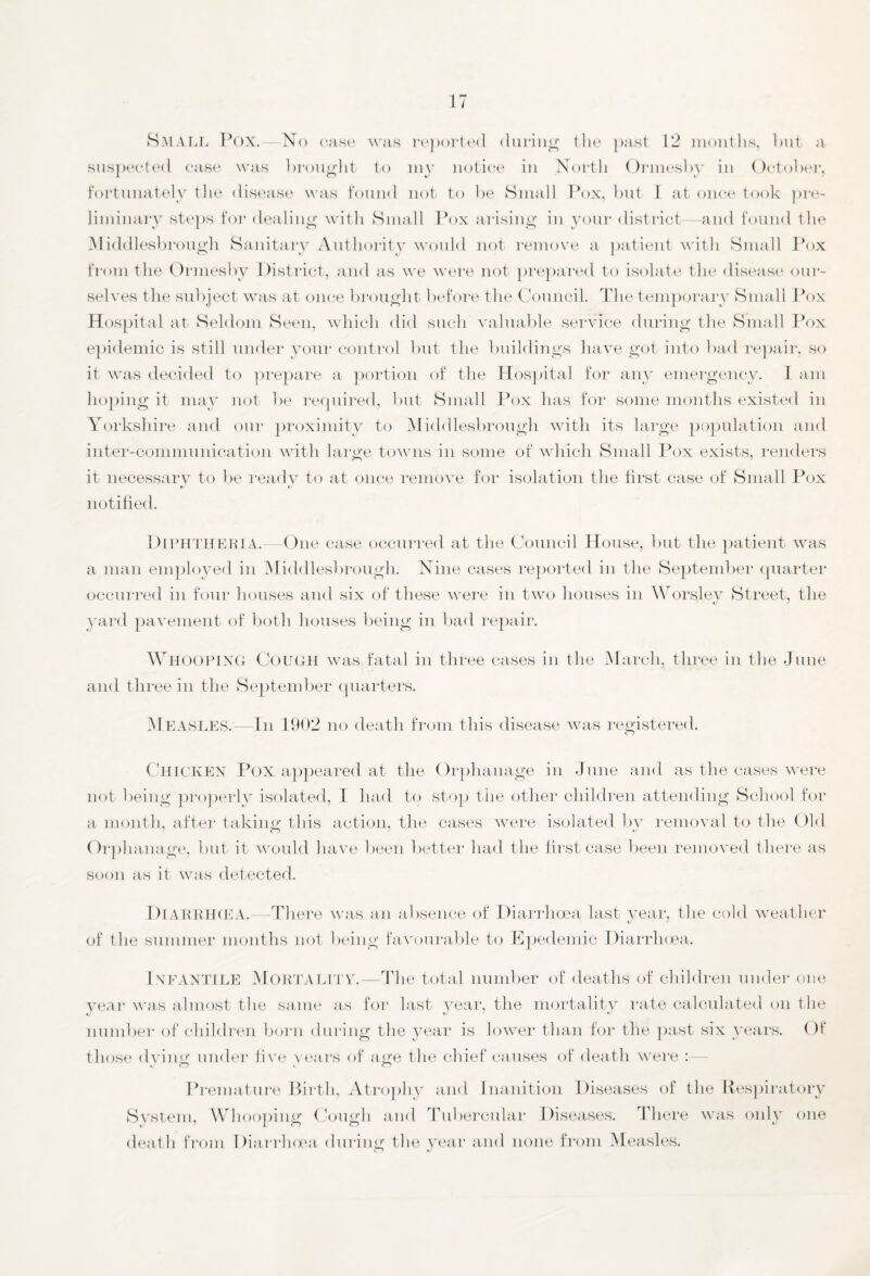 Small Pox. No case was reported during the past 12 months, but a suspected case was brought to my notice in North Ormesby in October, fortunately the disease was found not to be Small Pox, but I at once took pre¬ liminary steps for dealing with Small Pox arising in your district—and found the Middlesbrough Sanitary Authority would not remove a patient with Small Pox from the Ormesby District, and as we were not prepared to isolate the disease our¬ selves the subject was at once brought before the Council. The temporary Small Pox Hospital at Seldom Seen, which did such valuable service during the Small Pox epidemic is still under your control but the buildings have got into bad repair, so it was decided to prepare a portion of the Hospital for any emergency. I am hoping it may not be required, but Small Pox has for some months existed in Yorkshire and our proximity to Middlesbrough with its large population and inter-communication with large towns in some of' which Small Pox exists, renders it necessary to be ready to at once remove for isolation the first case of Small Pox notified. Diphtheria. One case occurred at the Council House, but the patient was a man employed in Middlesbrough. Nine cases reported in the September quarter occurred in four houses and six of these were in two houses in Worsley Street, the yard pavement of both houses being in bad repair. WHOOPING Cough was fatal in three cases in the March, three in the June and three in the September quarters. MEASLES.- In 1902 no death from this disease was registered. CHICKEN Pox appeared at the Orphanage in June and as the cases were not being properly isolated, I had to stop the other children attending School for a month, after taking this action, the cases were isolated by removal to the Old Orphanage, but it would have been better had the first case been removed there as soon as it was detected. Diakrhcea.—There was an absence of Diarrhoea last year, the cold weather of the summer months not being favourable to Epedemic Diarrhoea. Infantile Mortality.—The total number of deaths of children under one year was almost the same as for last year, the mortality rate calculated on the t/ J t/ number of children born during the year is lower than for the past six years. Of those dying under live years of age the chief causes of death were : Premature Birth, Atrophy and Inanition Diseases of the Respiratory System, Whooping Cough and Tubercular Diseases. There was only one death from Diarrhoea during the year and none from Measles.